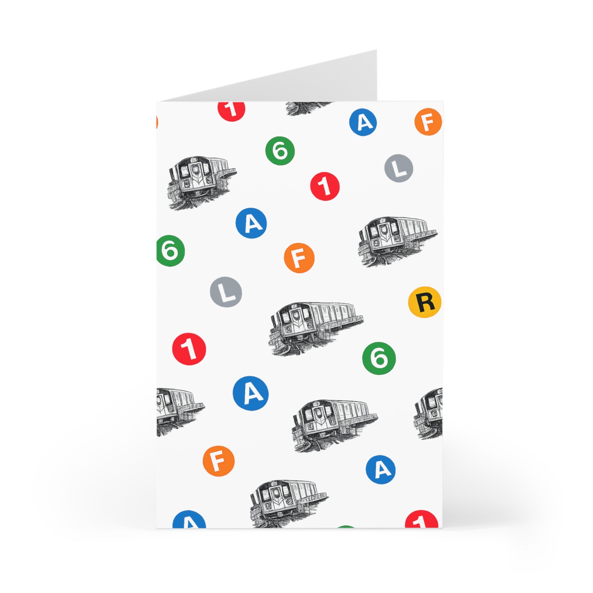 Tarjeta de felicitación con iconos de tránsito de tren del metro de Nueva York | Paquete de 7 tarjetas de notas en blanco con patrón del metro de NYC