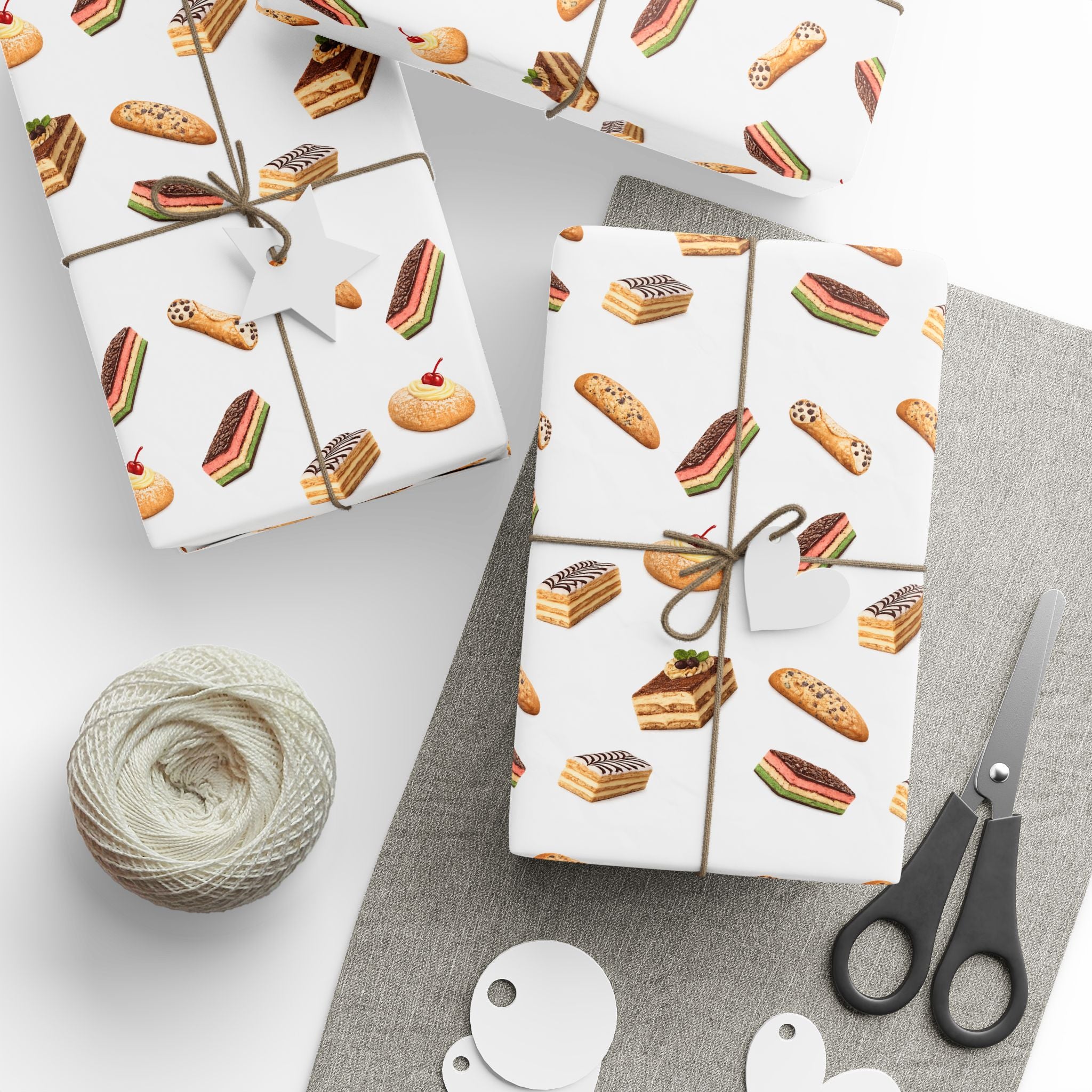 Italian Bakery Pastry Pattern Gift Wrap Paper | White Bakery Pastries Biscotti Tiramisu Rainbow Cookies Wrapping Paper Roll