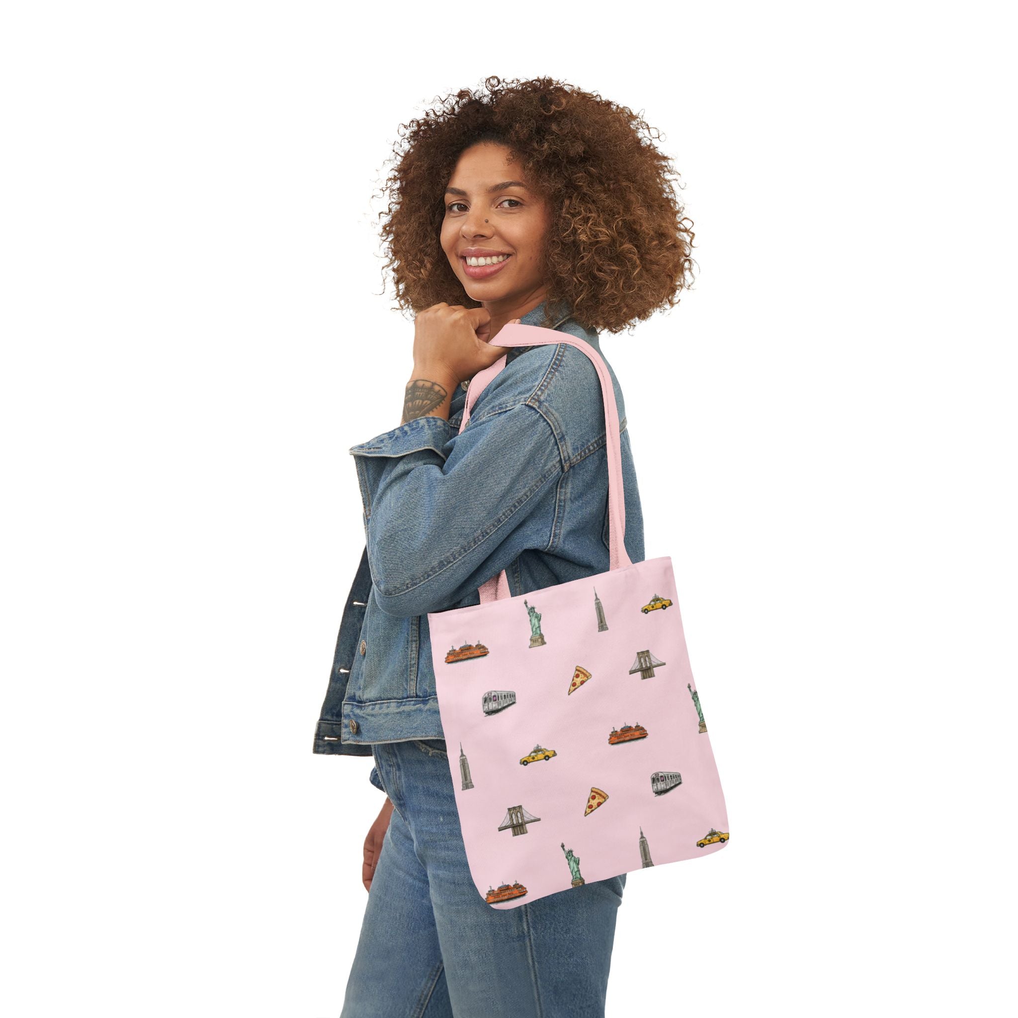 Icons of New York City Pink Canvas Tote — Statue of Liberty, Pizza & Taxi Pattern