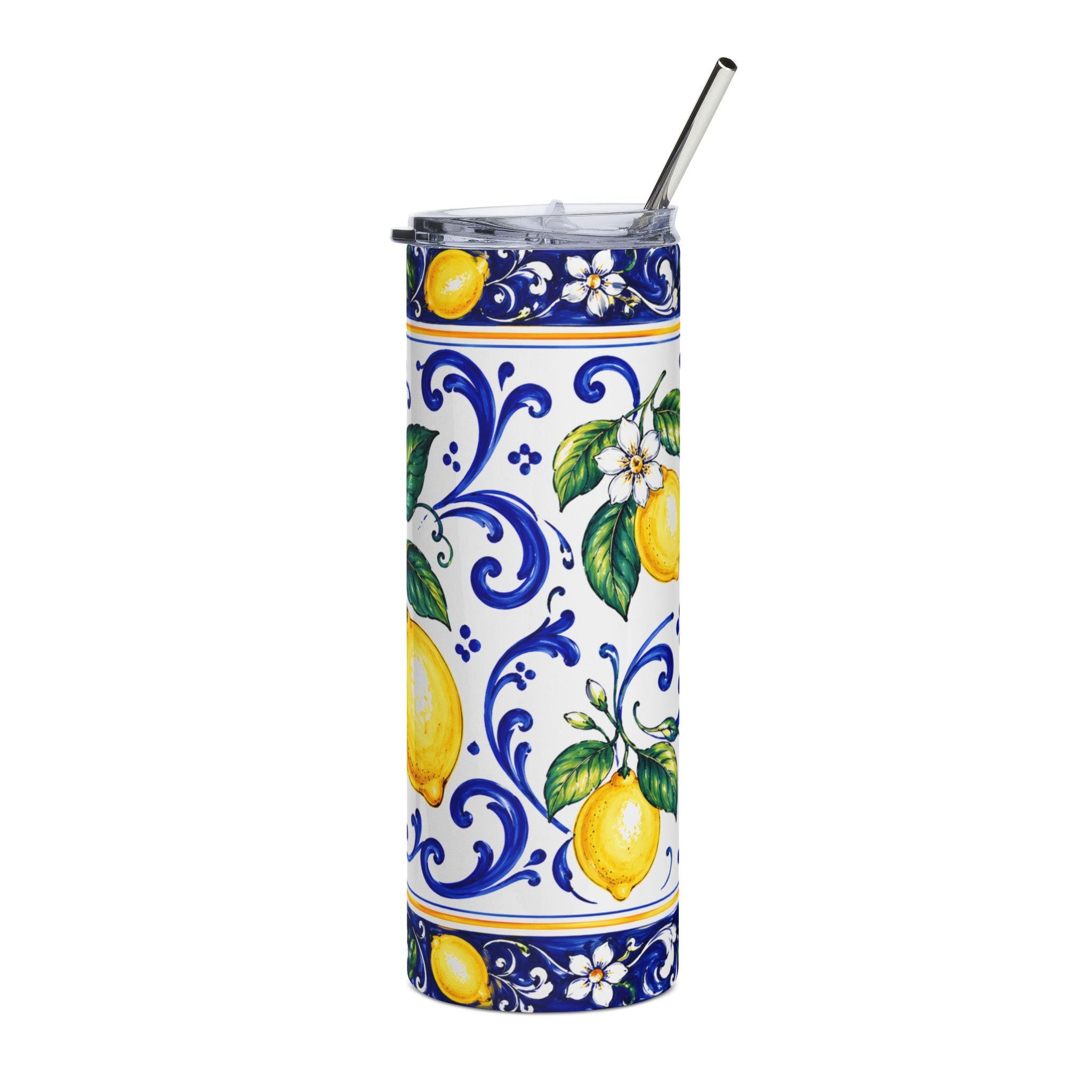 Little Italy Amalfi Blue and White with Lemon Stainless Steel Tumbler — 20oz Insulated Citrus Pattern Travel Cup