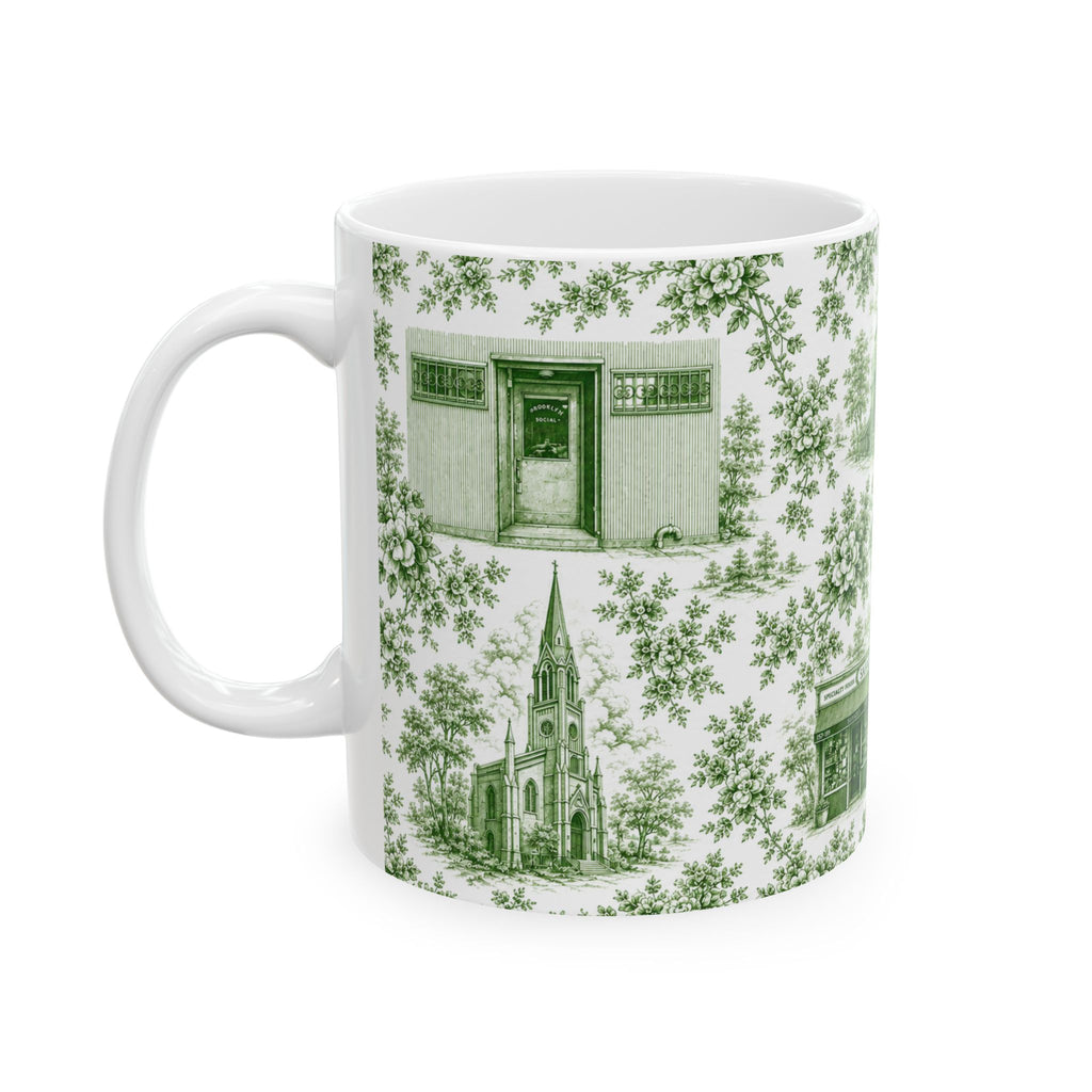 Cobble Hill Green Toile de Jouy Mug | NYC Chinoiserie Ceramic Coffee Cup