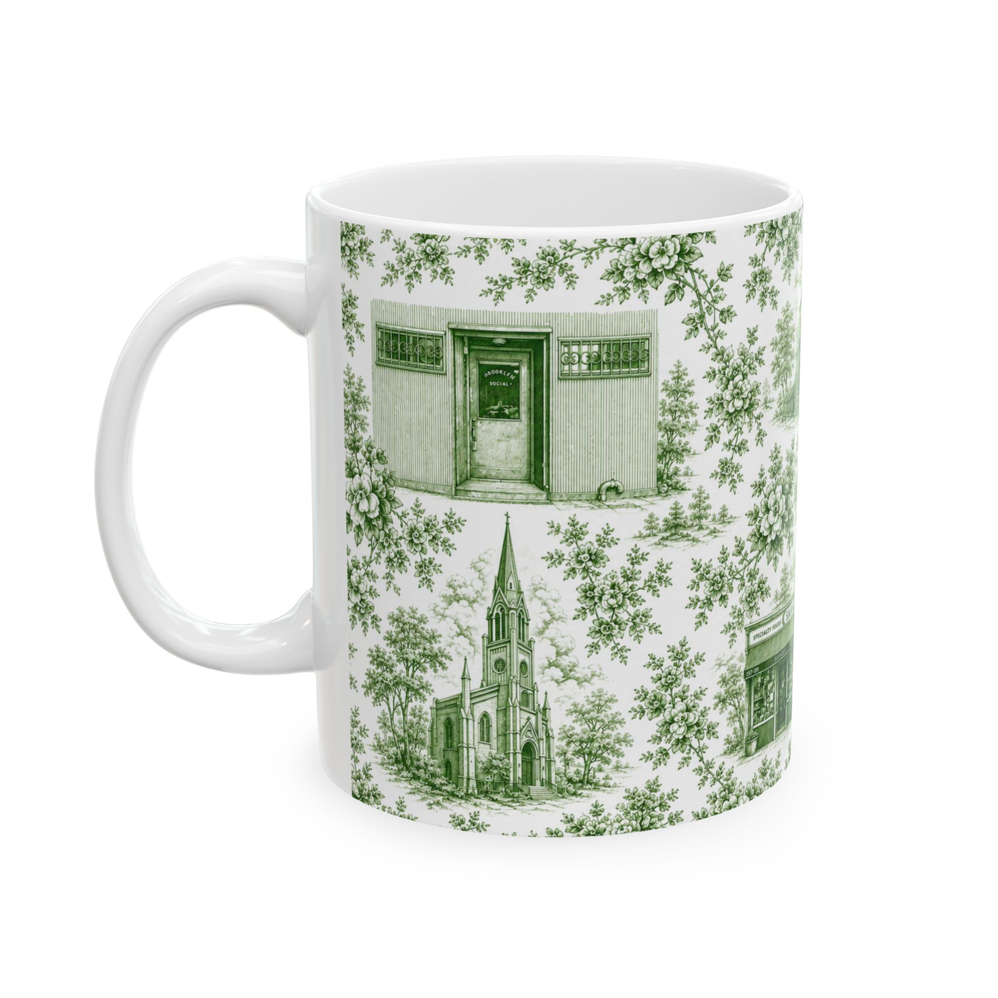 Cobble Hill Green Toile de Jouy Mug | NYC Chinoiserie Ceramic Coffee Cup