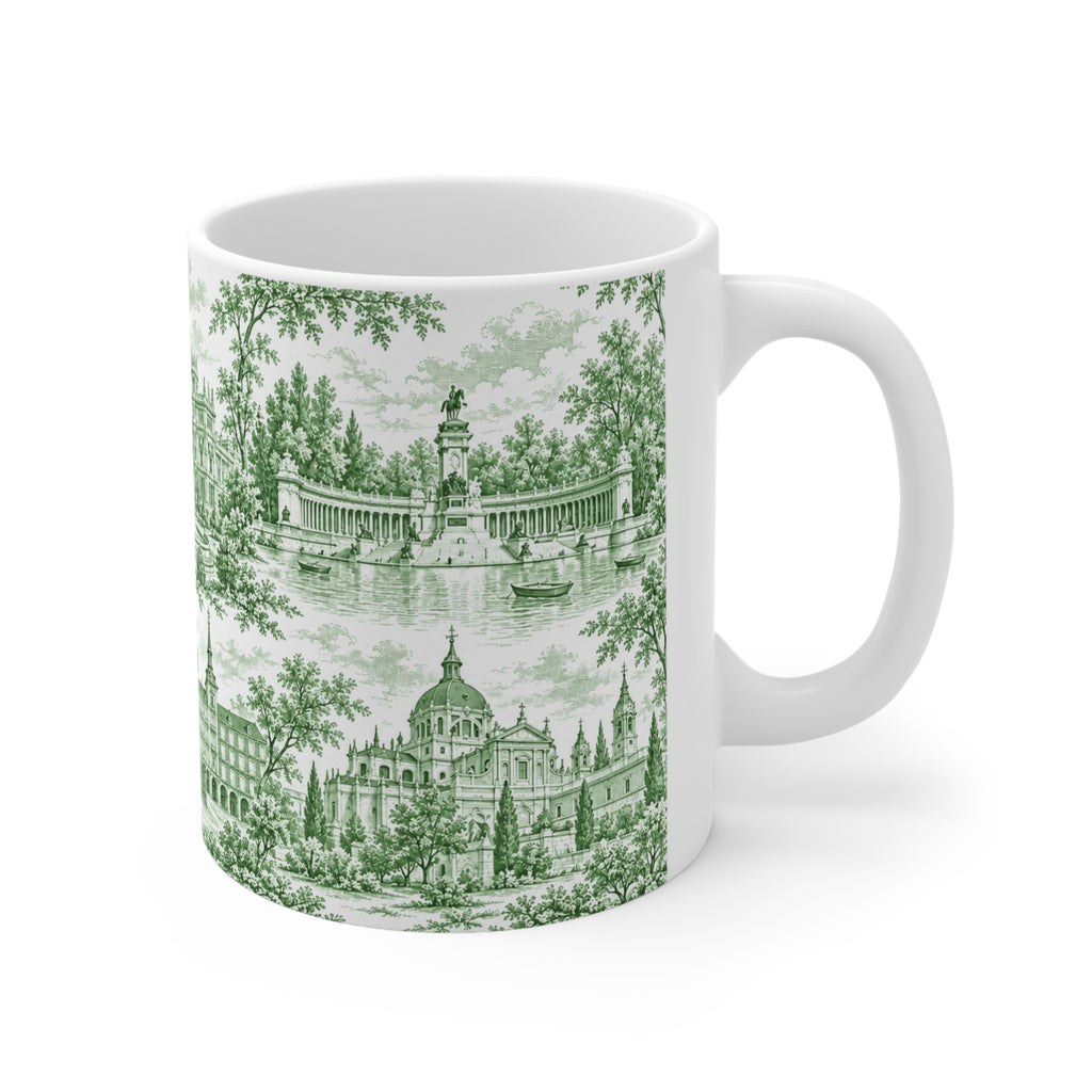 Madrid Green Toile de Jouy Ceramic Mug — (11oz; Ships from Europe)