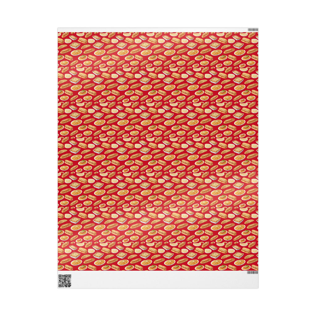 Italian Food Pattern Red Gift Wrap Paper | Pasta Spaghetti Rigatoni Meatball Sub Wrapping Paper Roll, Foodie Party Wrap
