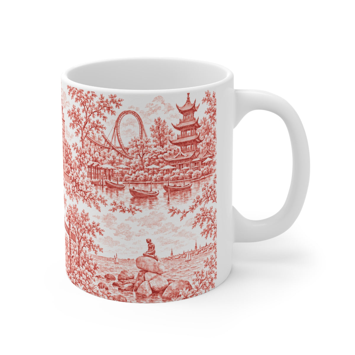 Copenhagen Red Toile de Jouy Ceramic Coffee Mug (11 oz, Ships from Europe)