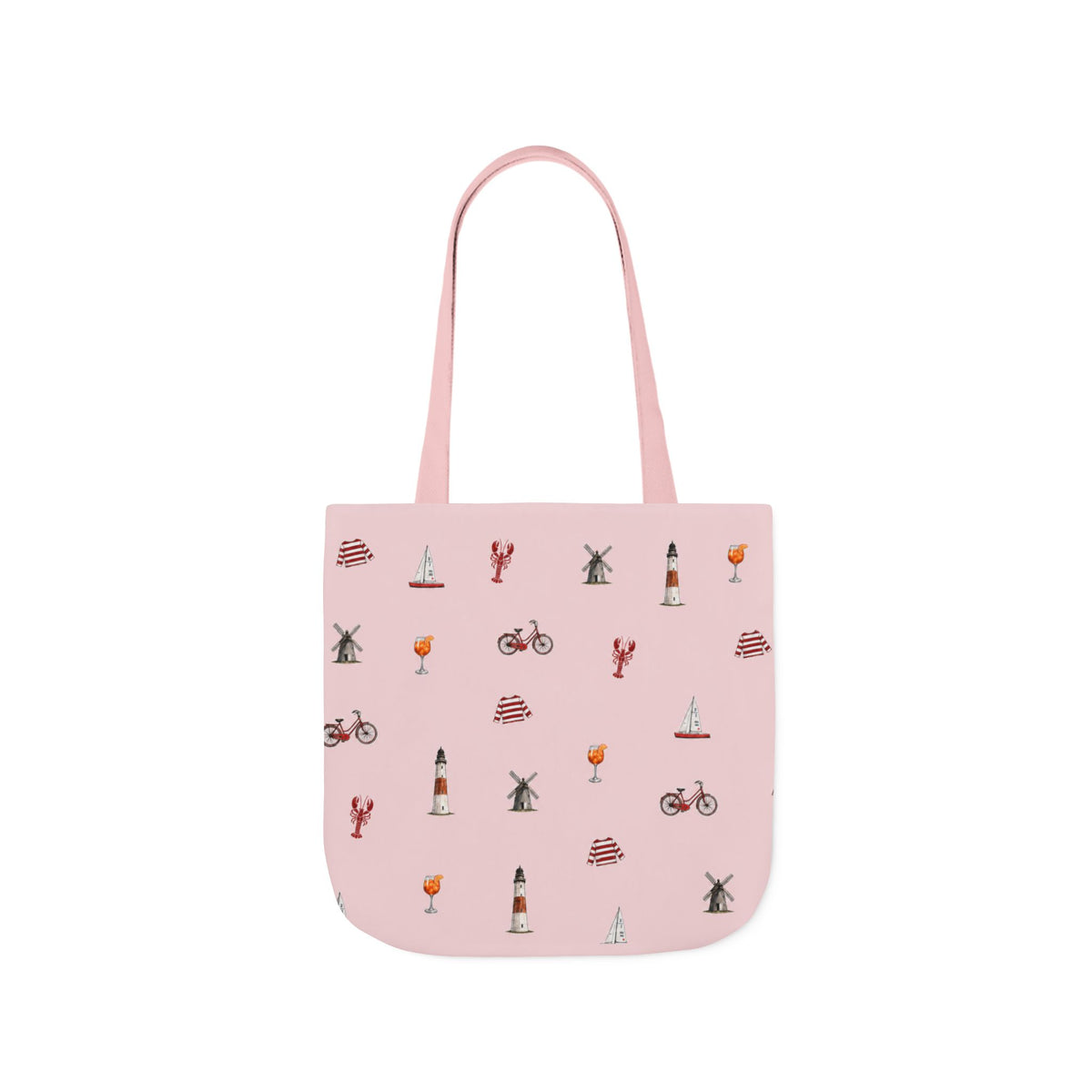 Icons of The Hamptons Pink Canvas Tote — Lighthouse, Windmill, Lobster Sailboat Icons