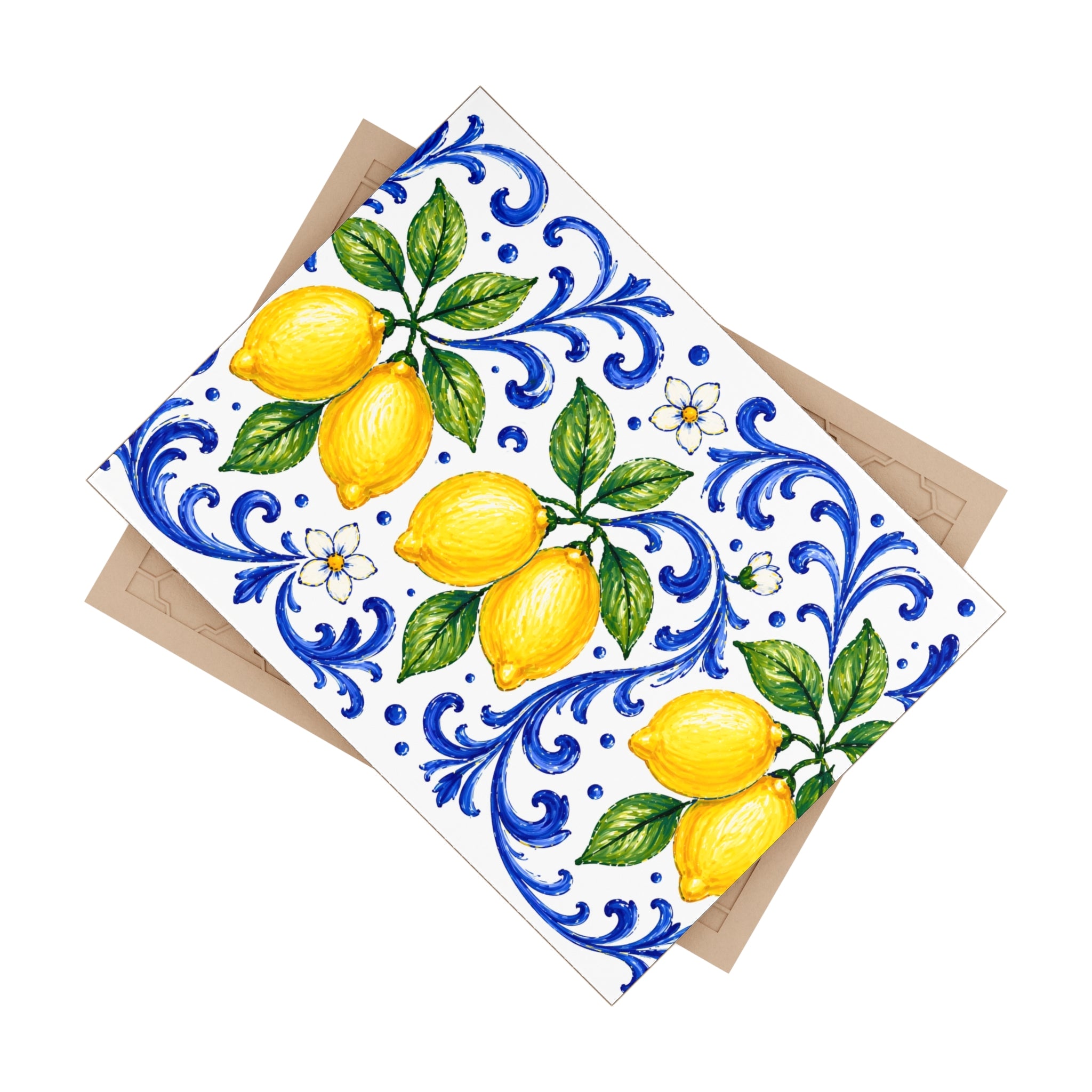 Little Italy Amalfi Blue and White with Lemon Ceramic Tile - Mediterranean Lemon Decorative Kitchen Backsplash Tile Art 6" x 8"