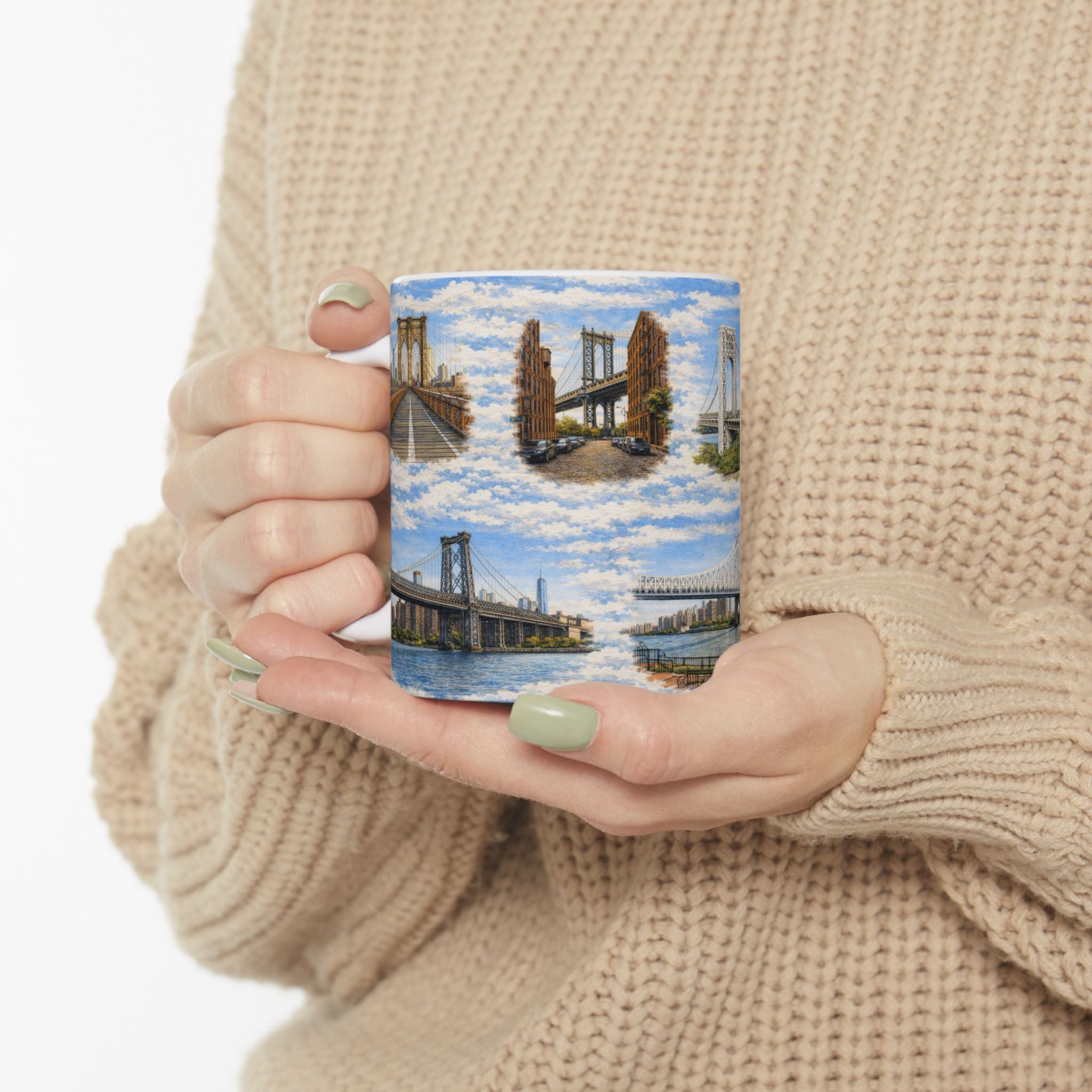 The Bridges of New York County Toile Mug | NYC Bridges Ceramic Coffee Mug