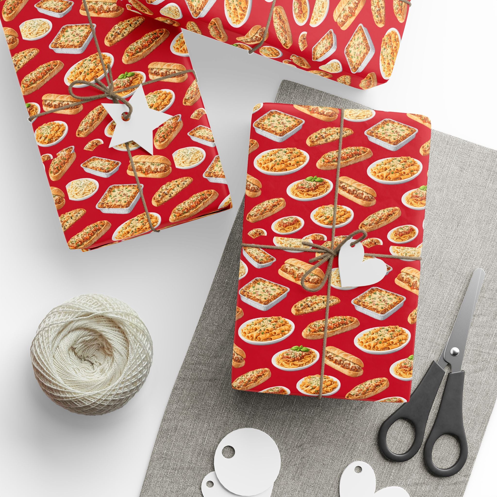 Italian Food Pattern Red Gift Wrap Paper | Pasta Spaghetti Rigatoni Meatball Sub Wrapping Paper Roll, Foodie Party Wrap