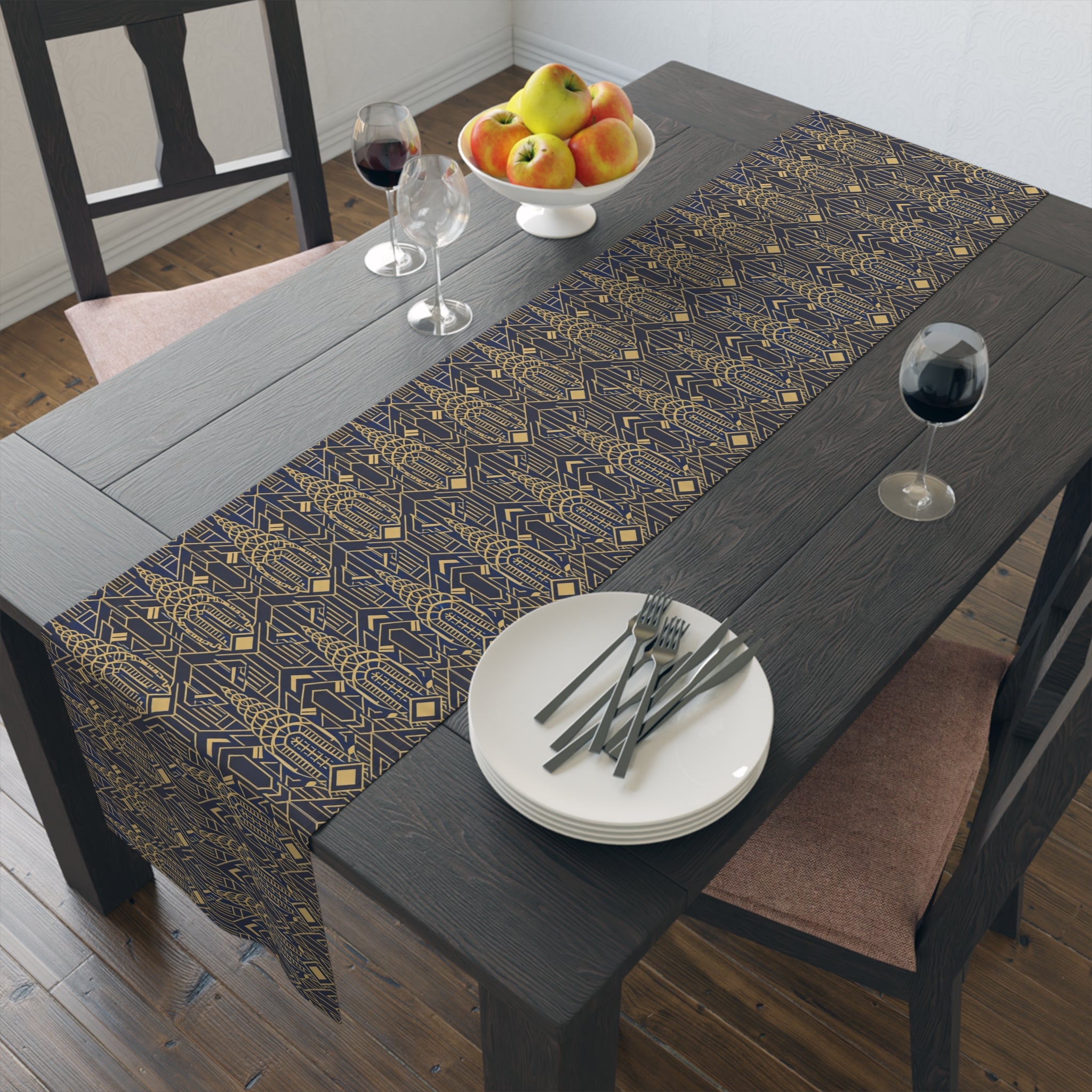 Art Deco Chrysler Building Navy & Gold Table Runner — NYC Elegant Geometric Tabletop Dining Decor