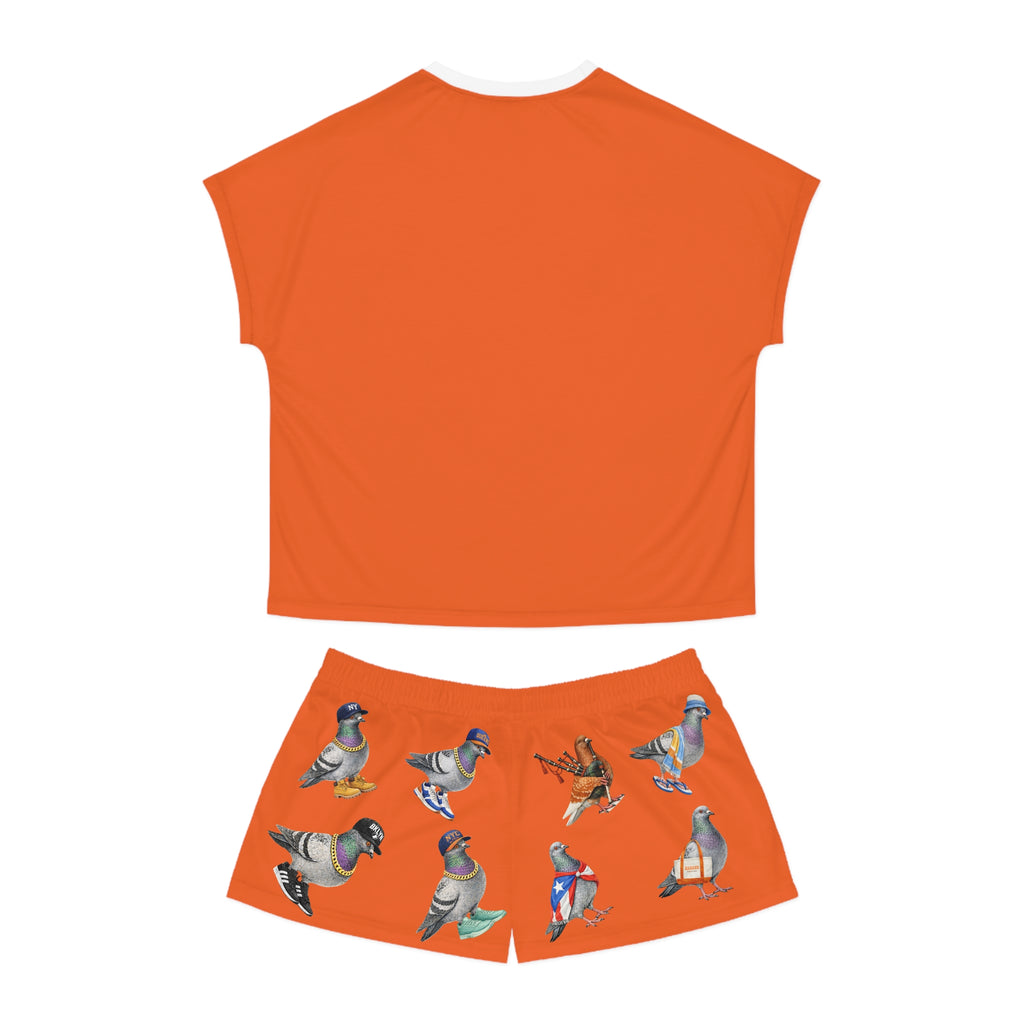 Orange NYC Pigeon Pattern Short Pajama Set | New York City Bird Lovers PJs Cozy Sleepwear