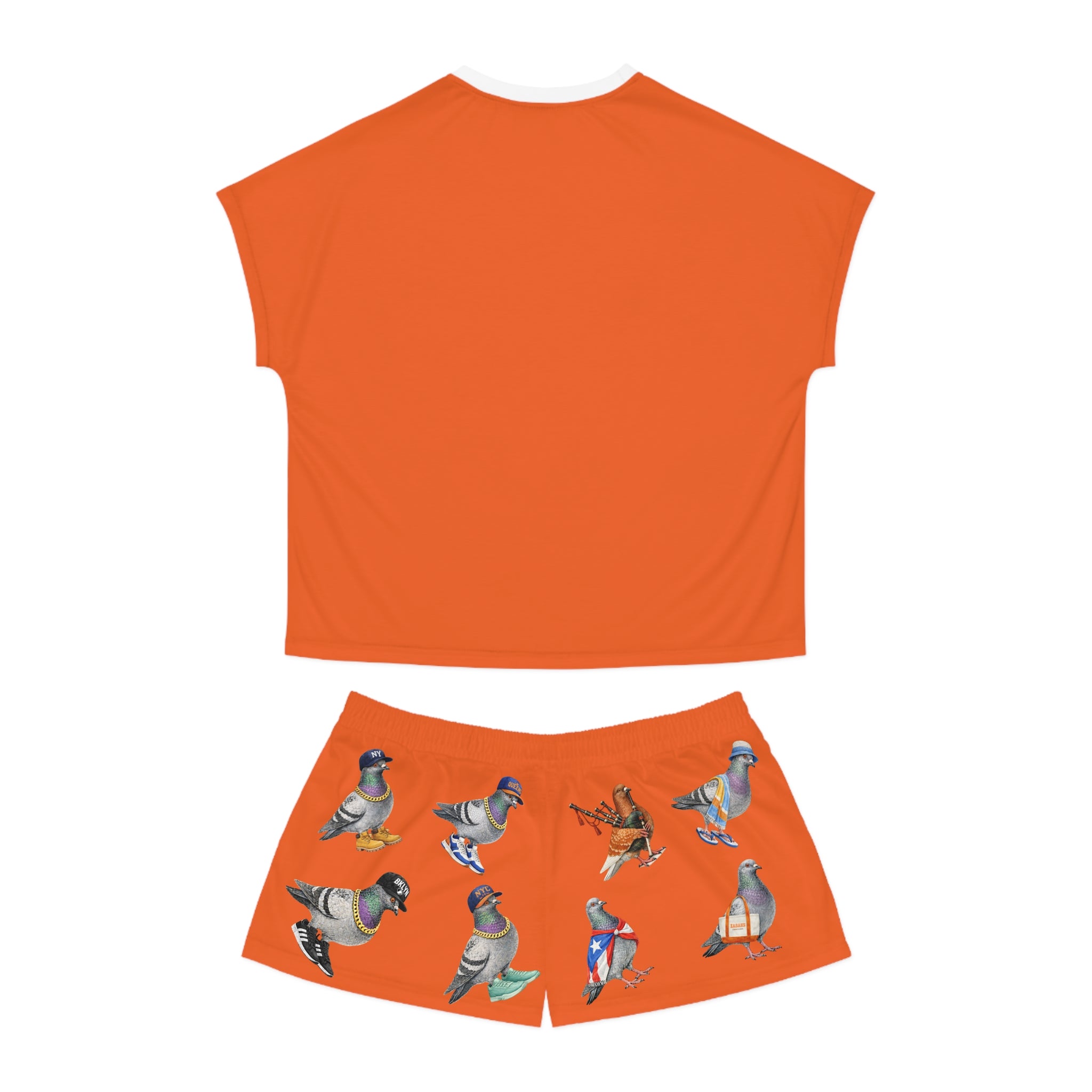 Orange NYC Pigeon Pattern Short Pajama Set | New York City Bird Lovers PJs Cozy Sleepwear