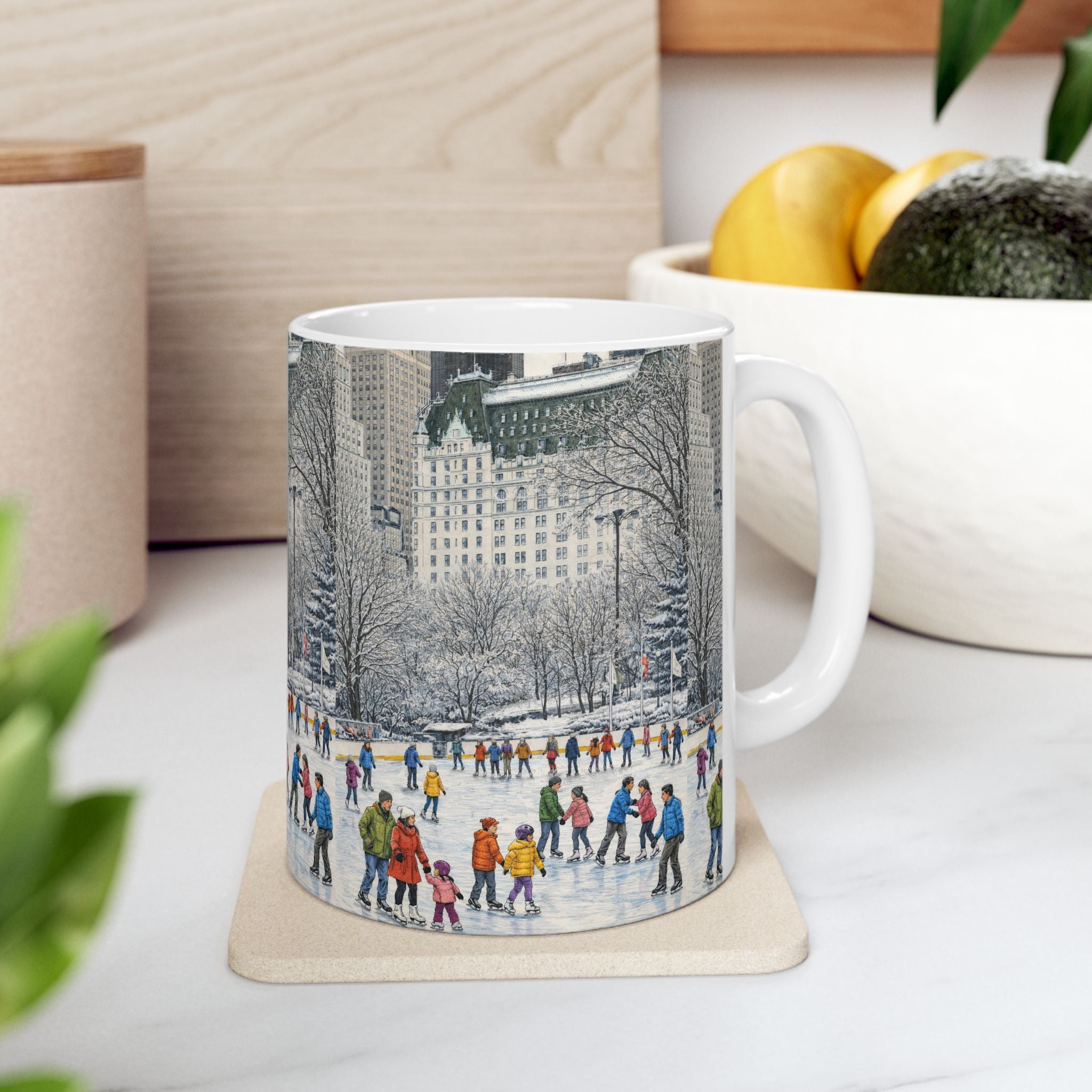Central Park Wollman Rink Ice Skating Scene Mug | NYC The Plaza Winter Ceramic Coffee Cup