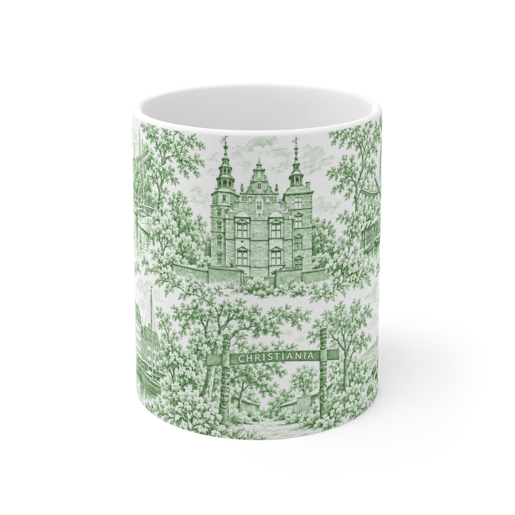 Copenhagen Green Toile de Jouy Ceramic Coffee Mug (11 oz, Ships from Europe)