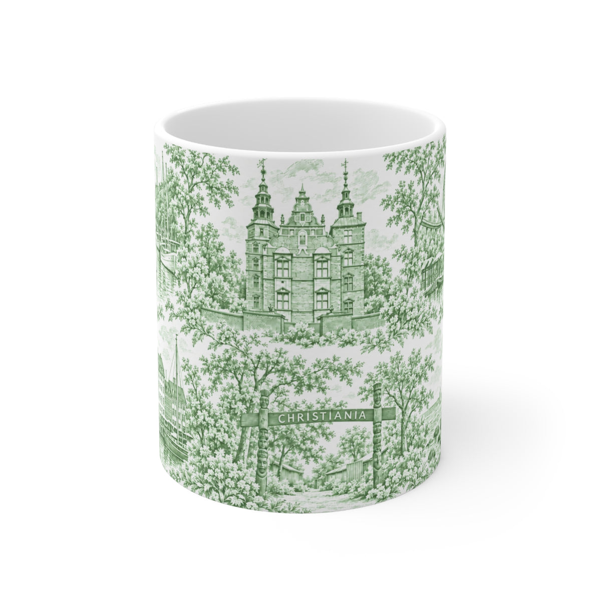 Copenhagen Green Toile de Jouy Ceramic Coffee Mug (11 oz, Ships from Europe)