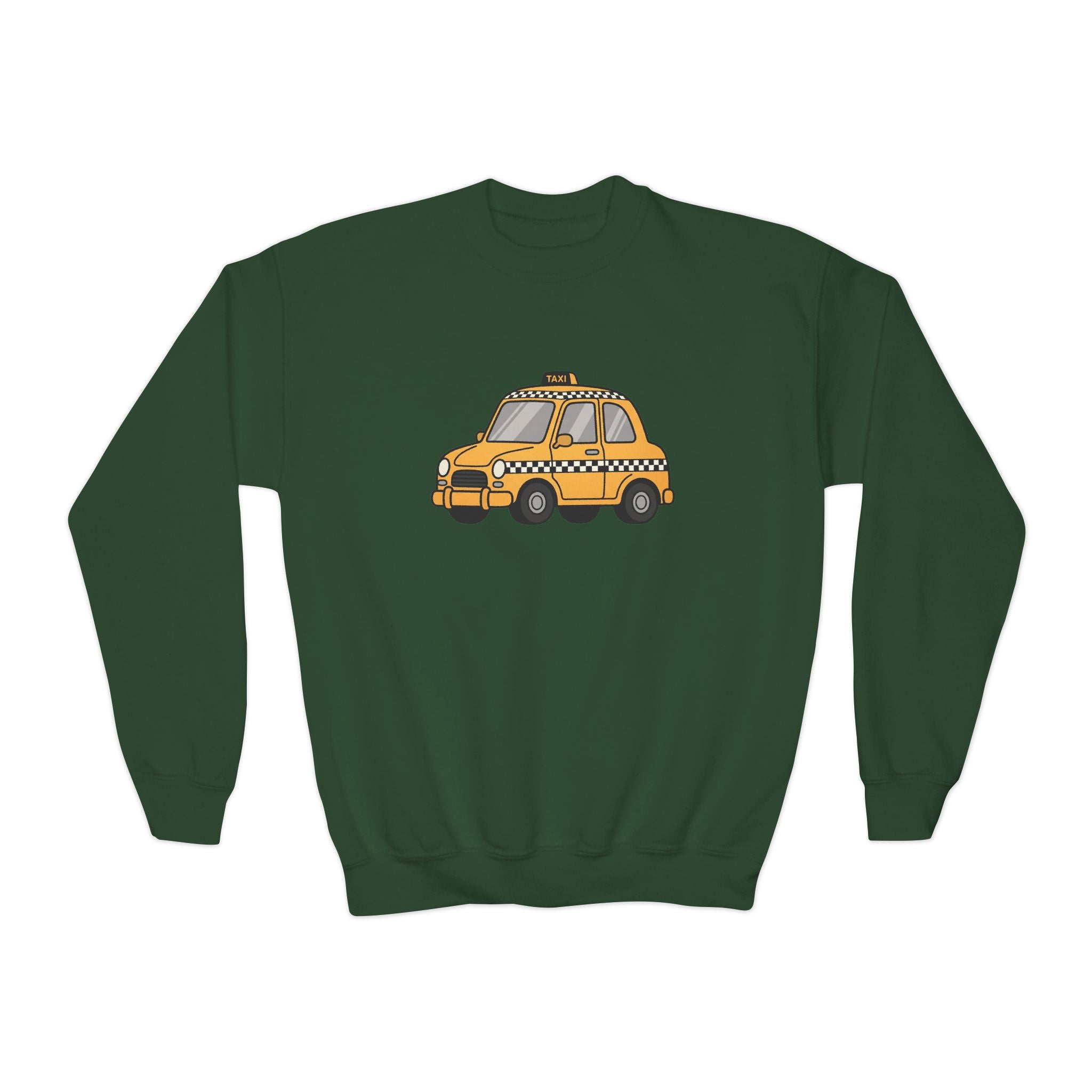 Taxi Cab NYC Kids Crewneck Sweatshirt — Yellow Checkered Taxi Cab Cartoon Graphic Childrens Sweater