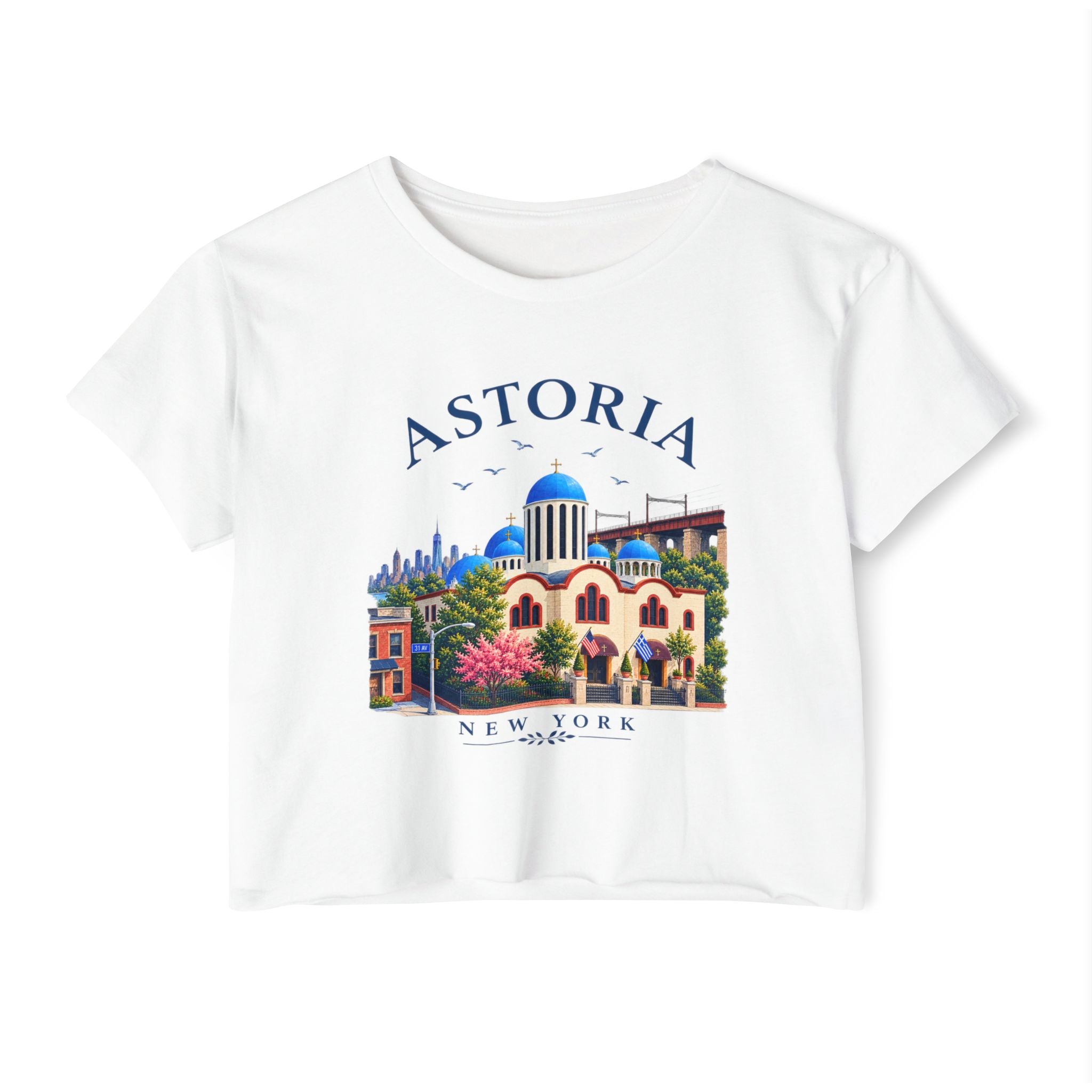 Astoria New York Crop Top T-shirt — Santorini-inspired Queens Tee