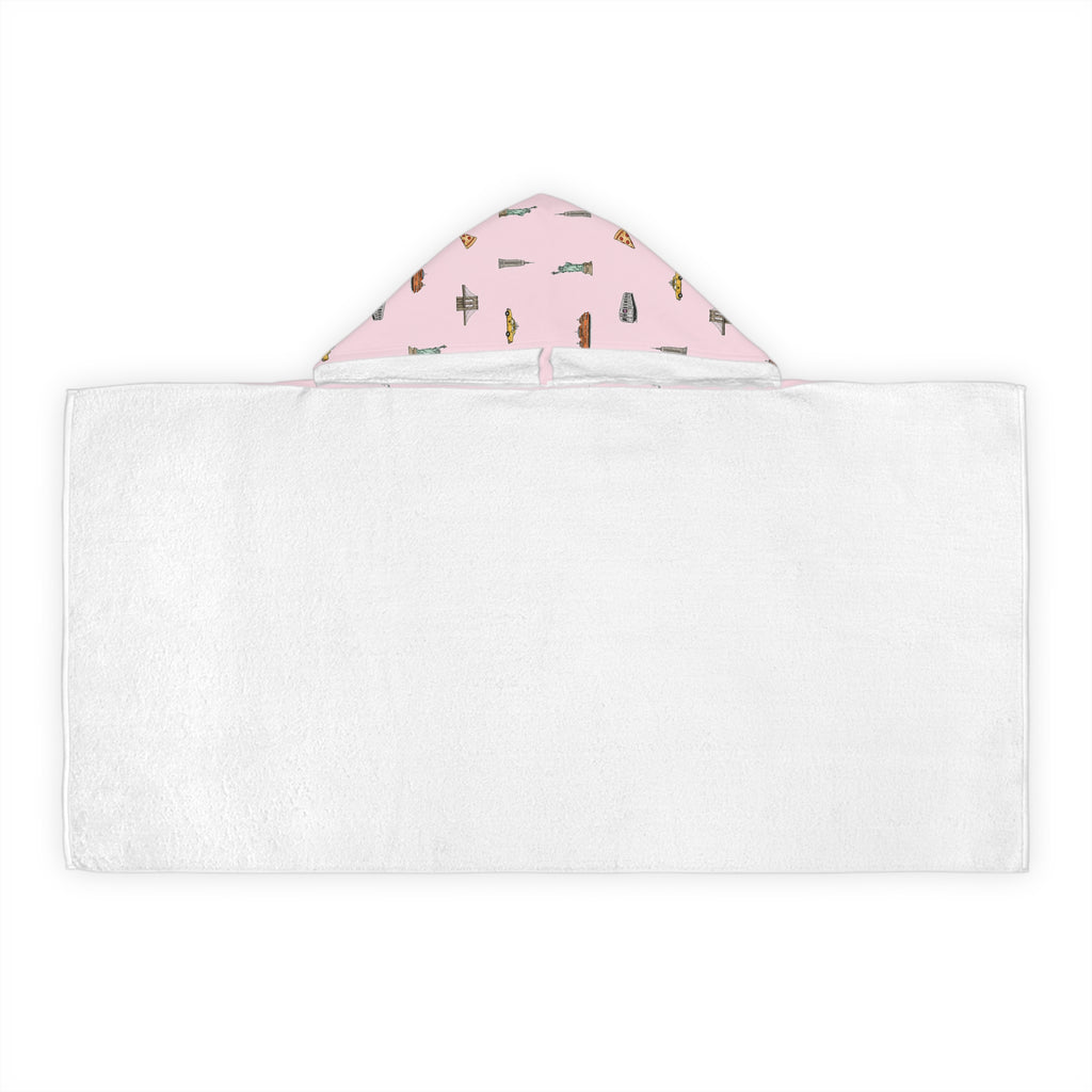 Icons of New York City Pink Hooded Kids Towel — Statue of Liberty, Pizza & Skyline Childrens Towel