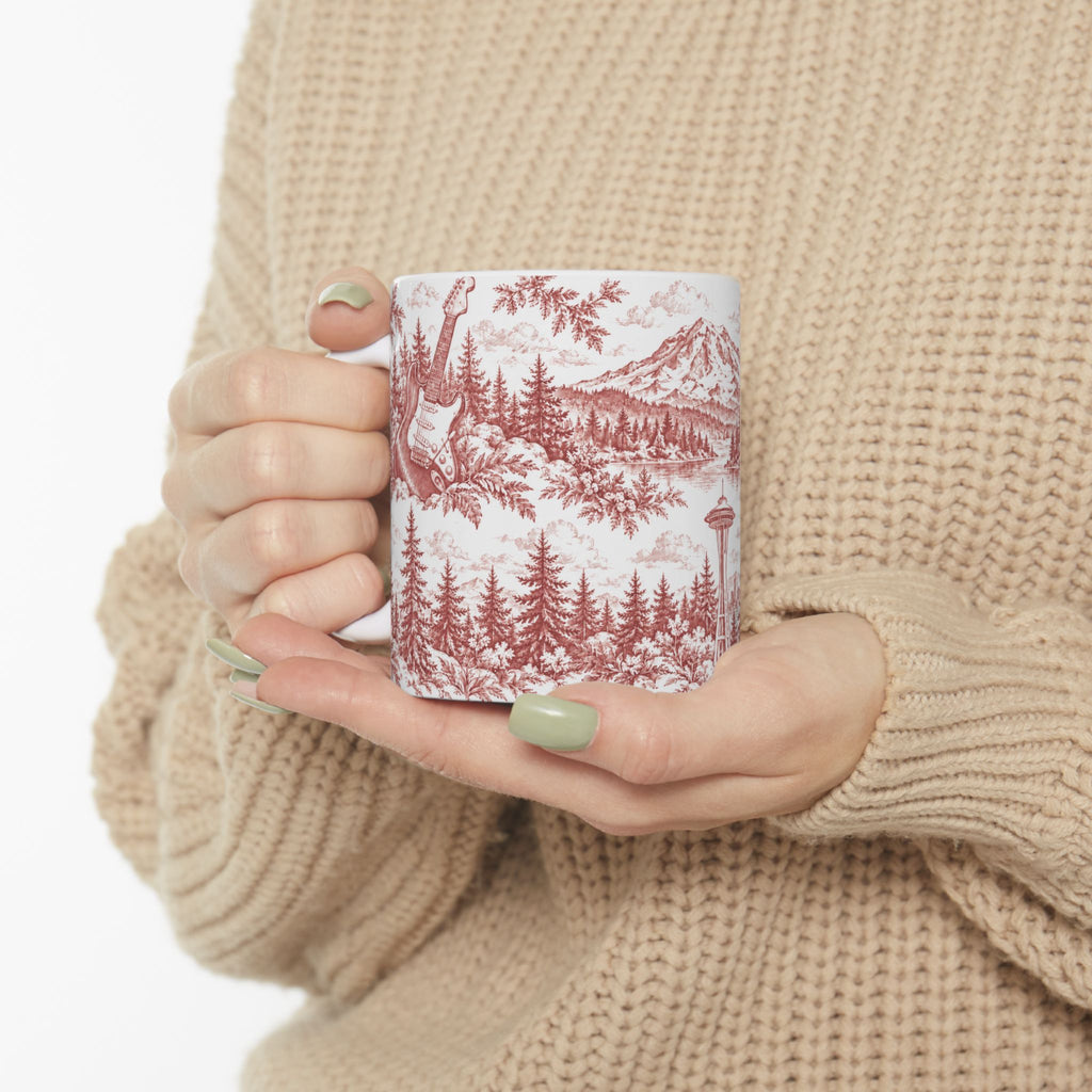 Seattle Red Toile de Jouy Ceramic Mug — Seatlle Washington and Surroundings Coffee Cup (11oz)