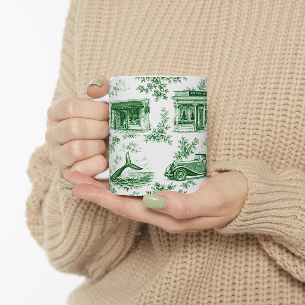 Sag Harbor Green Toile de Jouy Mug | Hamptons Chinoiserie Ceramic Coffee Cup