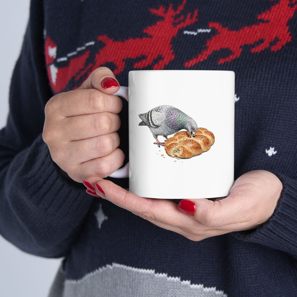 Customizable Borough Park NYC Pigeon Mug | Challah Bread Bird Lovers Ceramic Coffee Cup