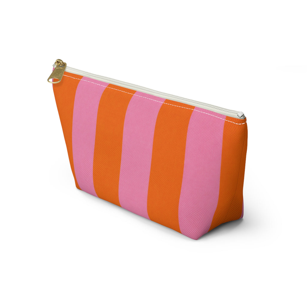 Customizable Striped Accessory Pouch — Pink & Orange T-Bottom Makeup Bag 2