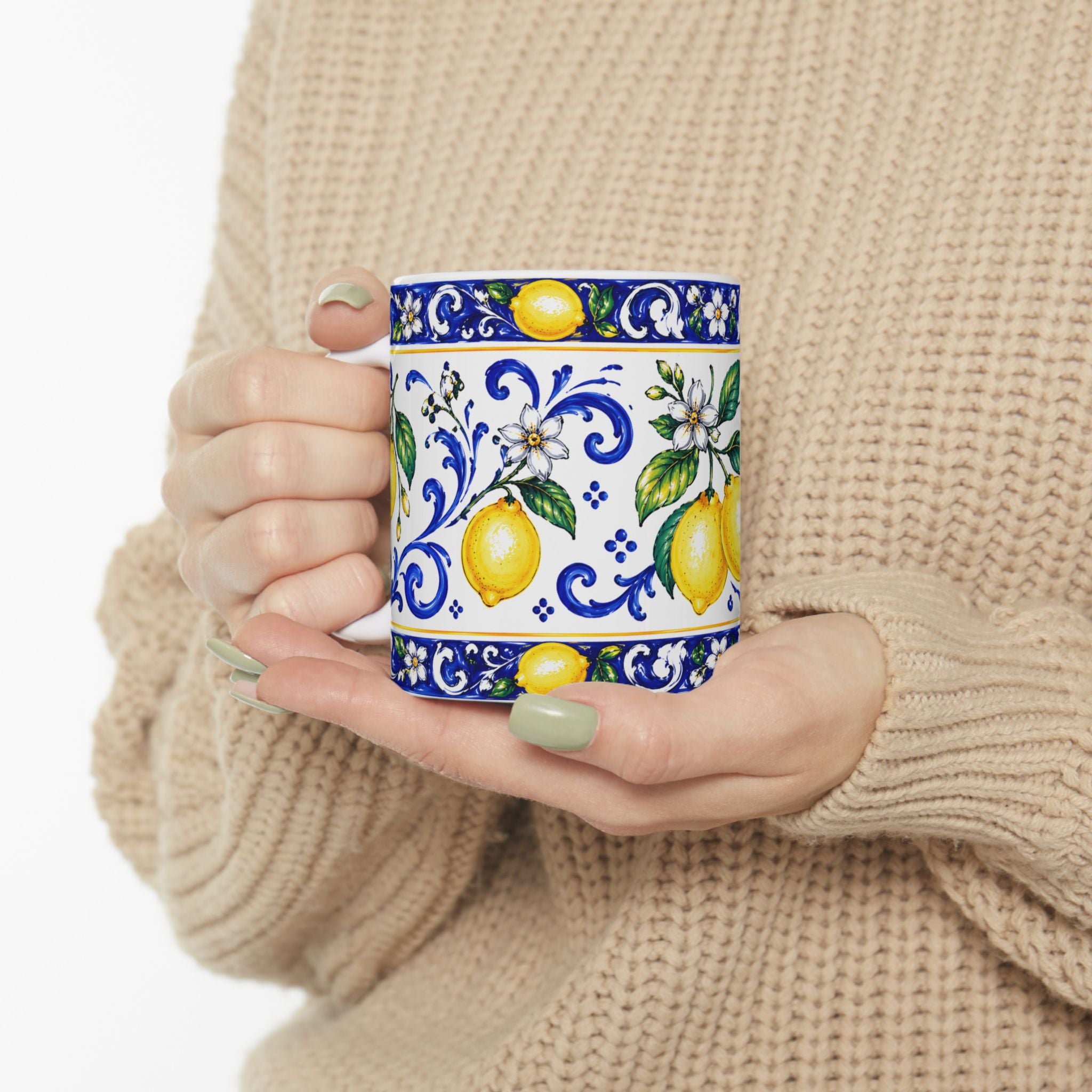 Little Italy Amalfi Blue and White with Lemon Mug — Italian Mediterranean Pattern Coffee Cup (11oz)