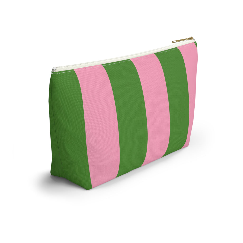 Customizable Striped Accessory Pouch — Pink & Green T-Bottom Makeup Bag