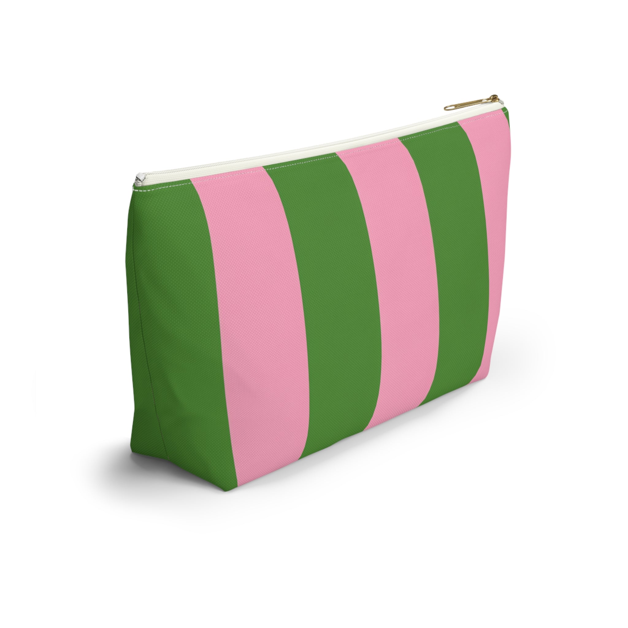Customizable Striped Accessory Pouch — Pink & Green T-Bottom Makeup Bag