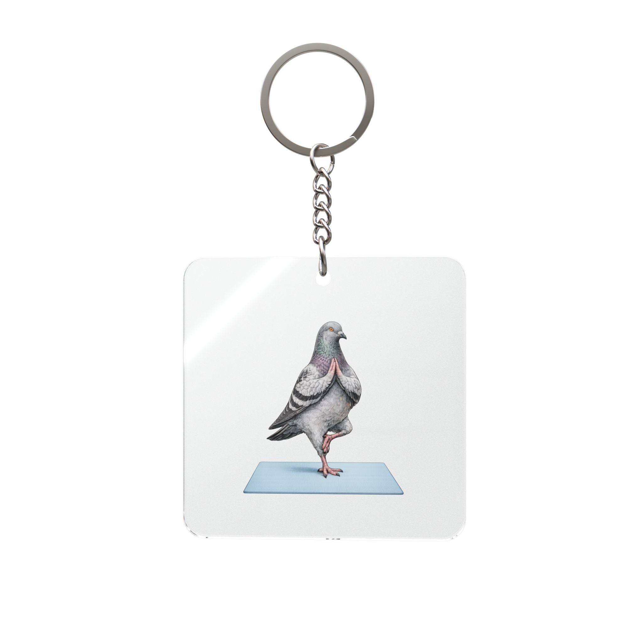 Customizable Central Park NYC Pigeon Square Keychain | Manhattan Yoga Tree Pose Bird Lovers Keyring Gift
