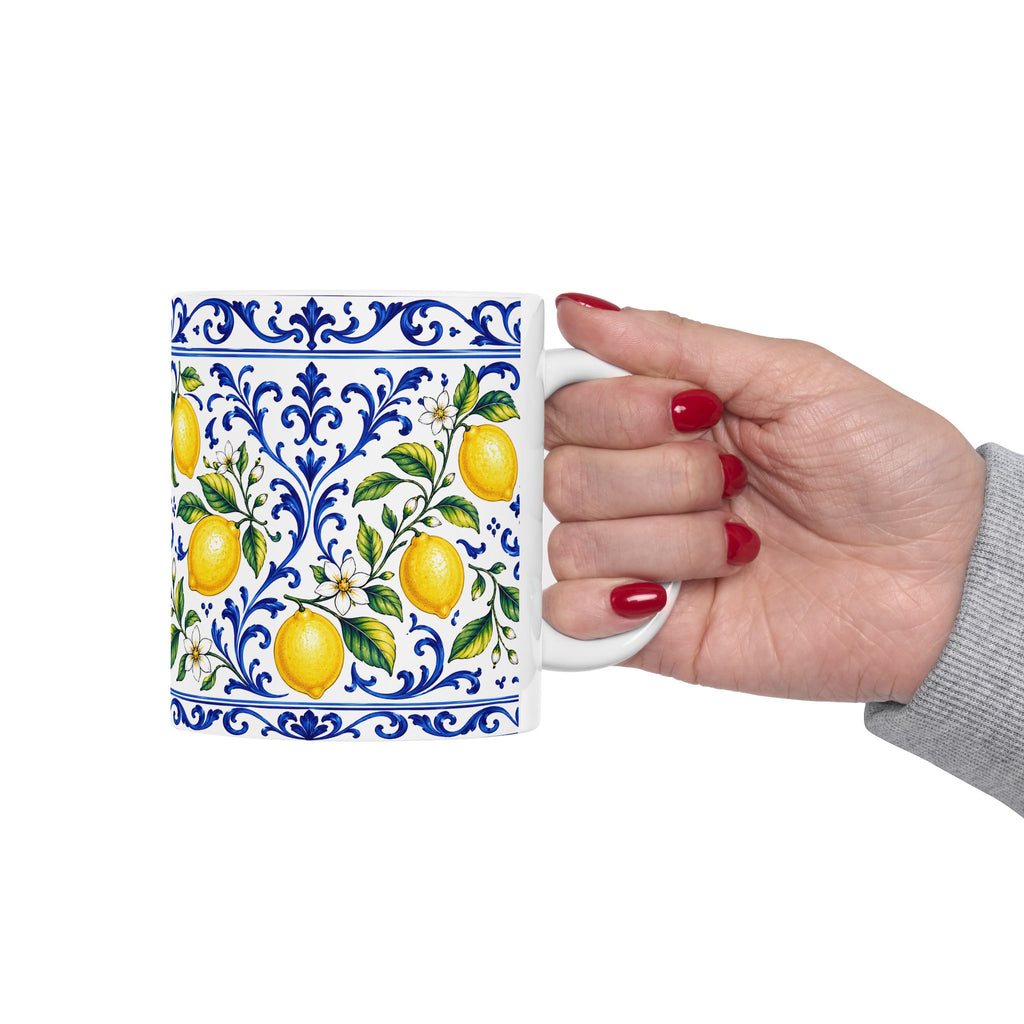 Little Italy Amalfi Blue and White with Lemon Mug — Italian Mediterranean Pattern Coffee Cup (11oz)