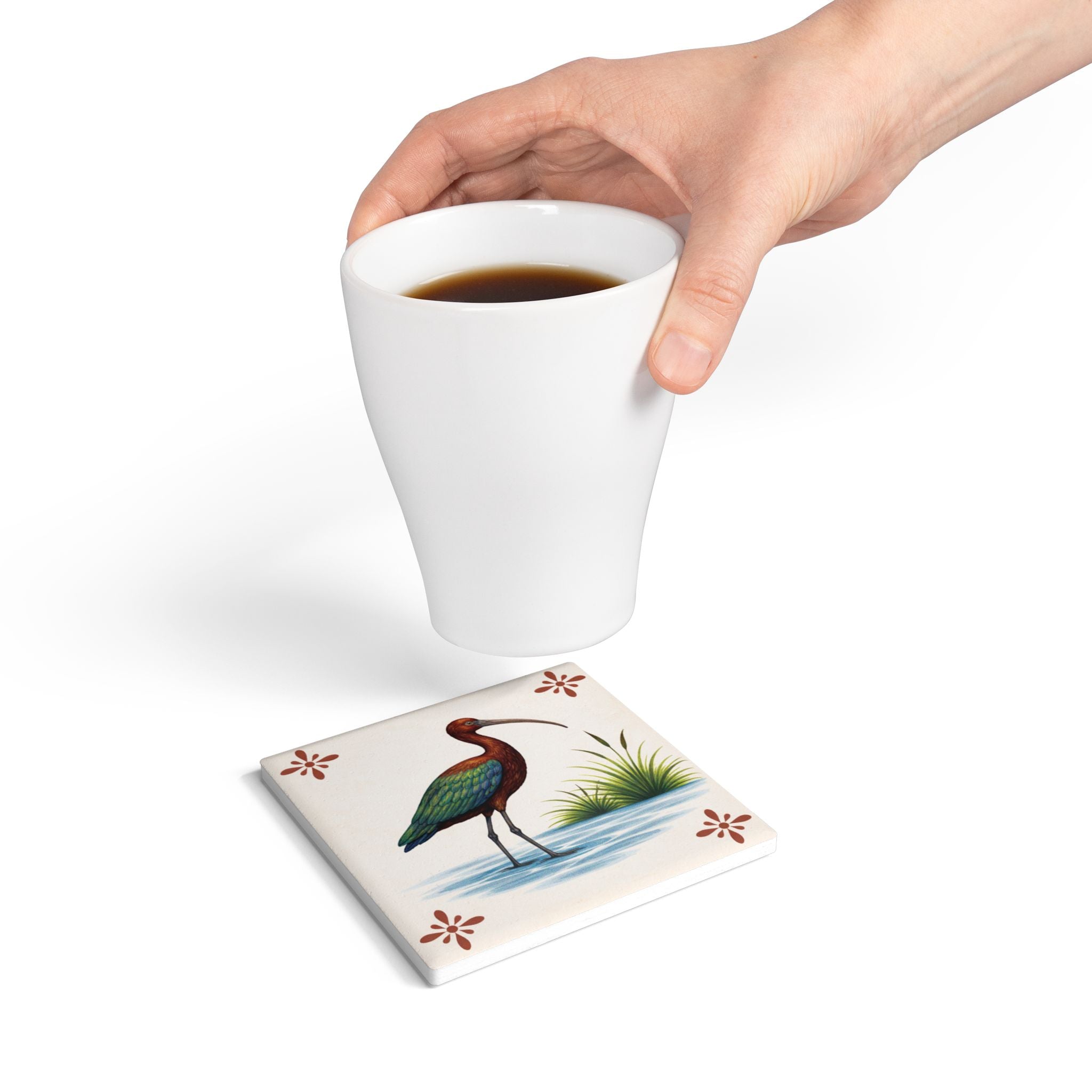 Subway Island Glossy Ibis Ceramic Coaster – Bird Lover Azulejos-style Tile Drink Coaster