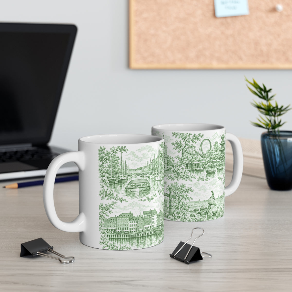 Copenhagen Green Toile de Jouy Ceramic Coffee Mug (11 oz, Ships from Europe)