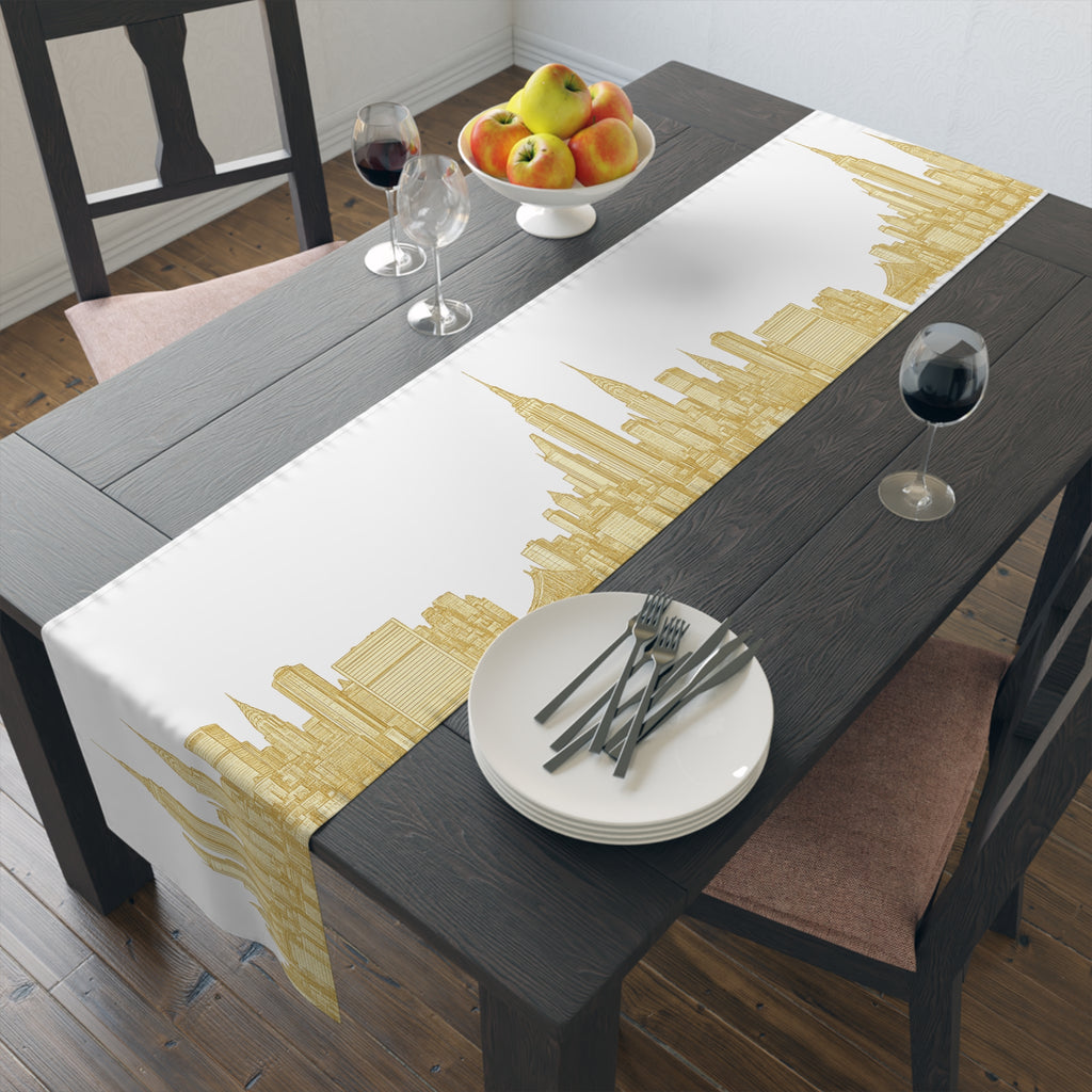 Gold New York City Skyline Table Runner — NYC Manhattan Cityscape Table Decor for Modern Dining
