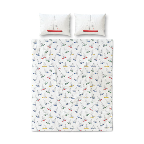 Housse de couette voiliers Central Park – 3 pièces, blanche avec taies d'oreiller