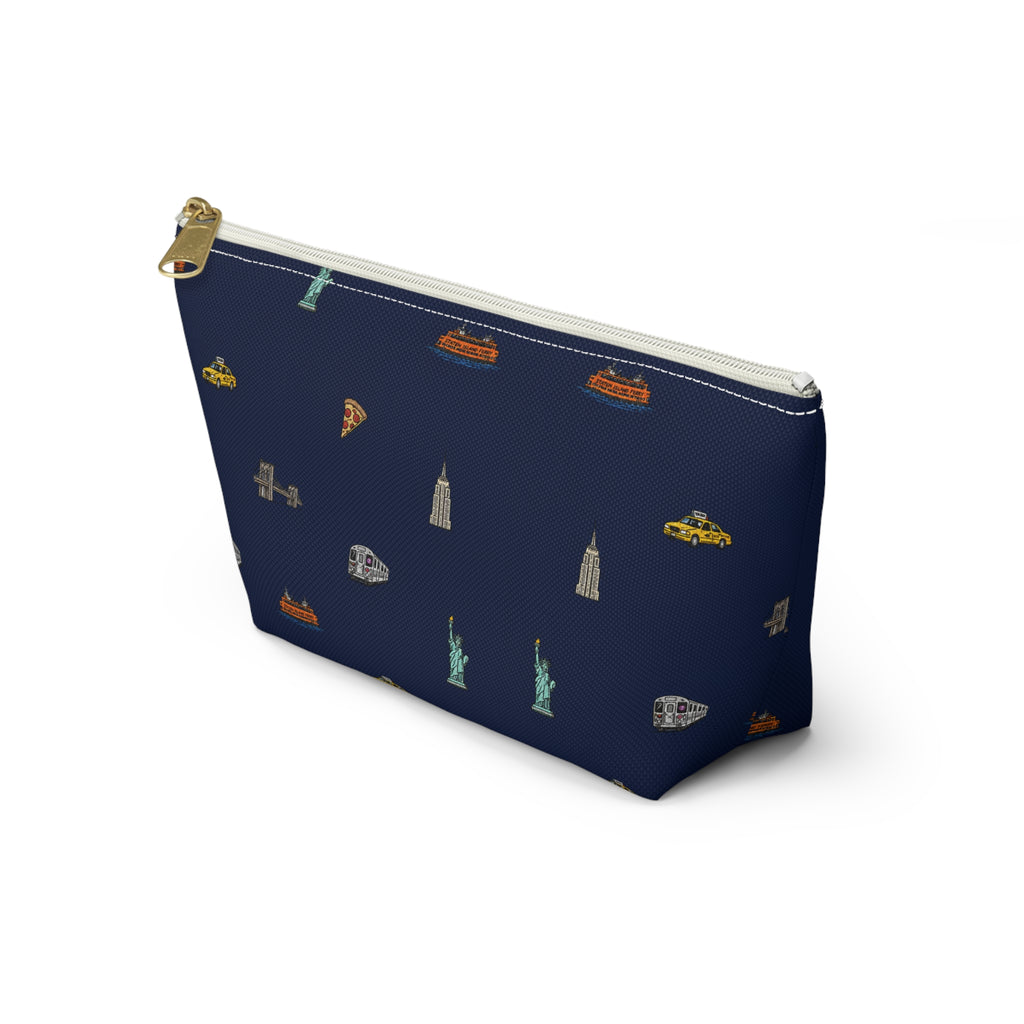 Icons of New York City Navy Blue Accessory Pouch — T-Bottom Makeup Bag with Statue of Liberty, Taxi & Pizza Pattern