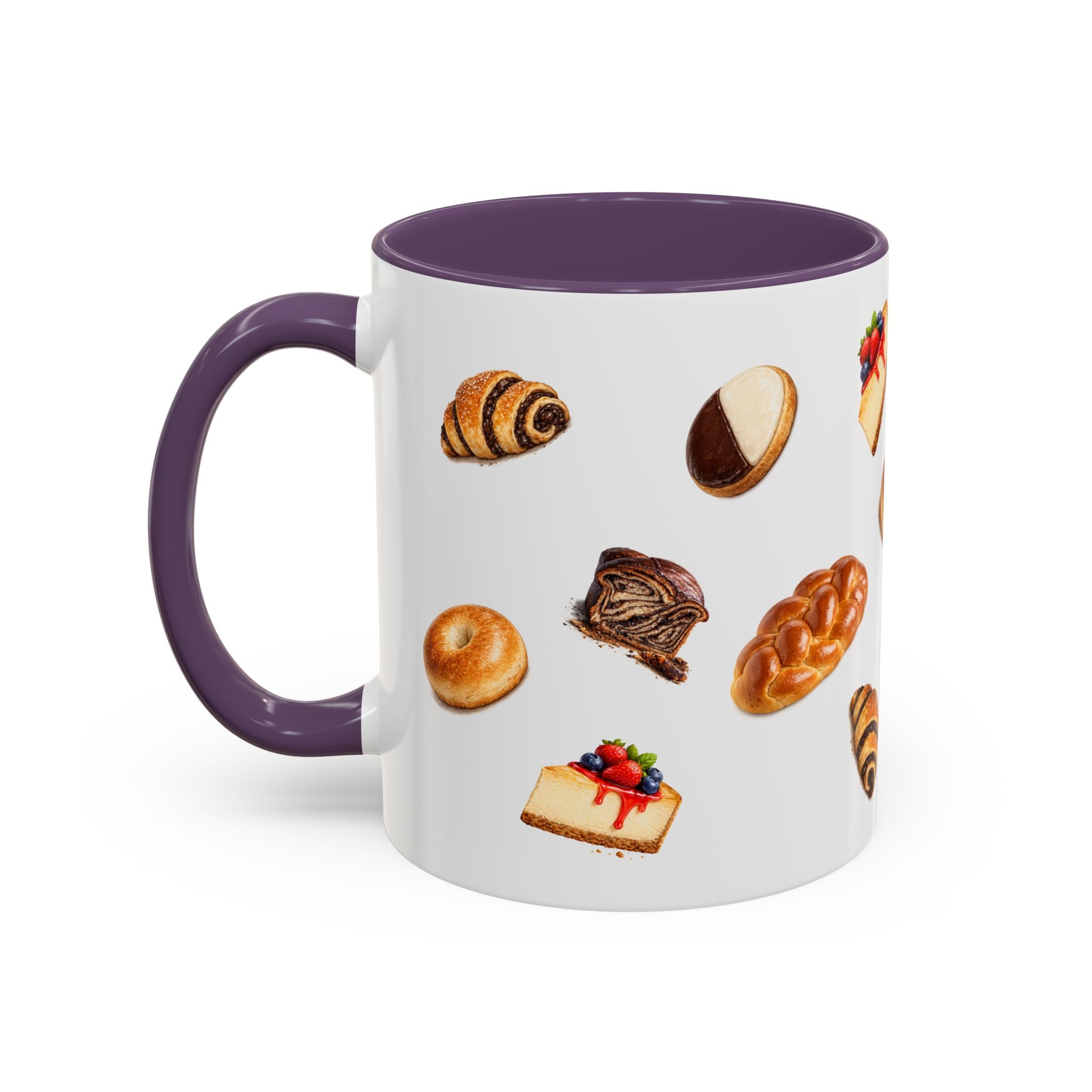NYC Kosher Bakery Pattern Mug | Babka Cheesecake Rugelach Black + White Cookie Challah Bagel 11oz Ceramic Coffee Cup