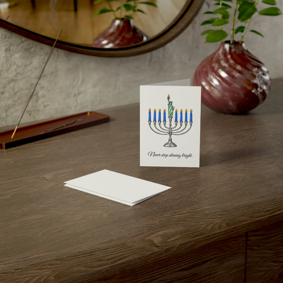 Happy Hanukkah Menorah 3.5" x 4.9" Gift Card — “Never Stop Shining Bright” Holiday Card 10 Pack
