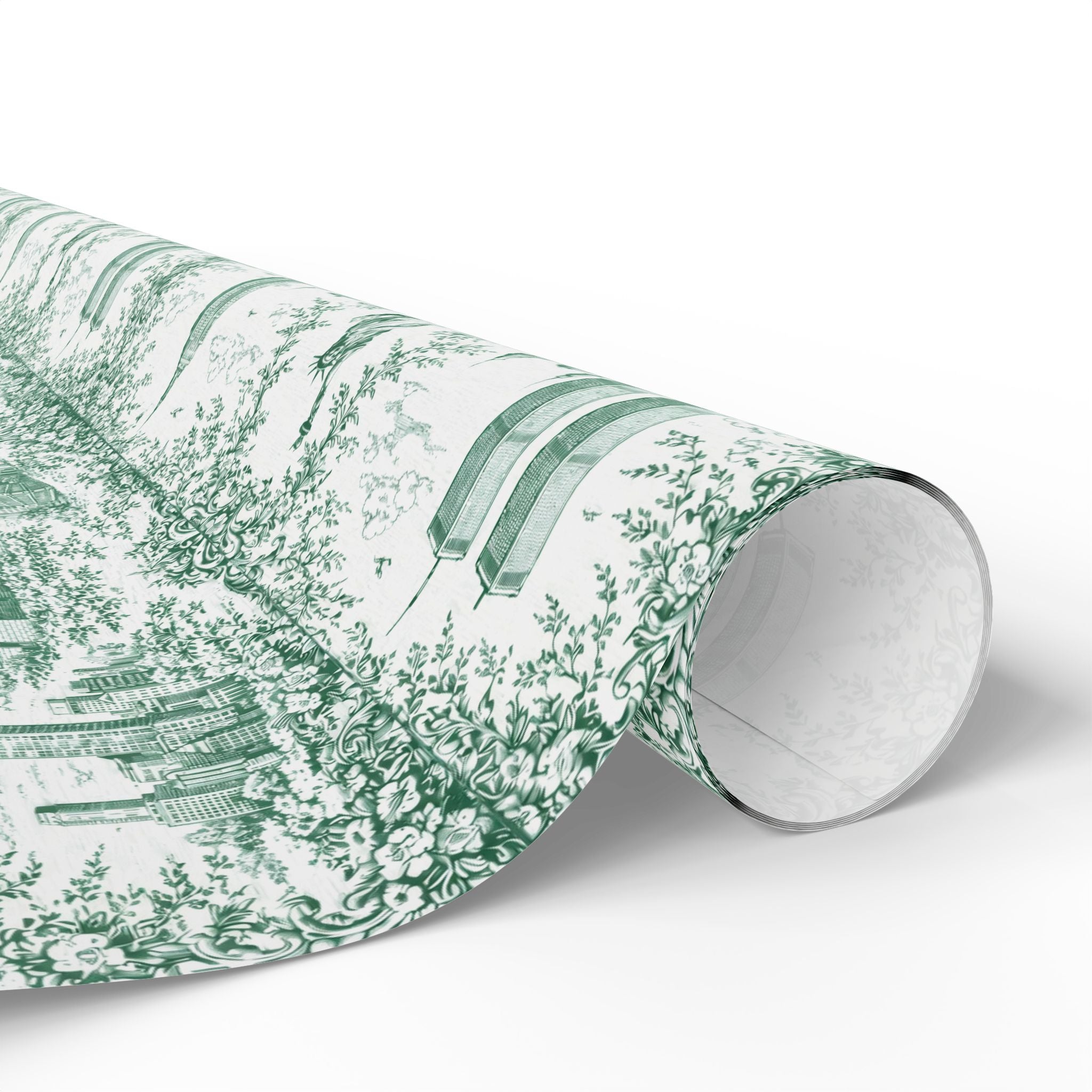 Manhattan NYC Green Toile Gift Wrapping Papers   Chinoiserie Old New York City Gift Wrap Empire State Building Twin Towers Statue of Liberty