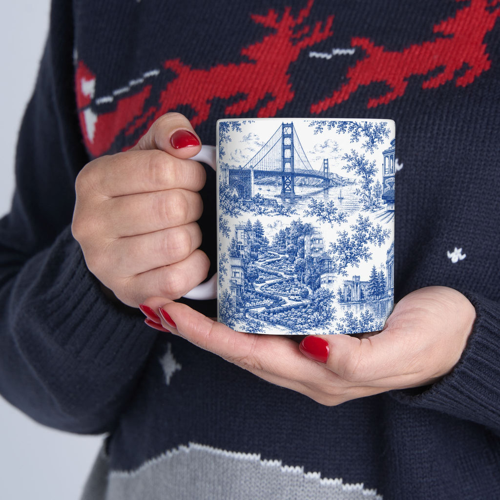 San Francisco Blue Toile de Jouy Ceramic Mug — Vintage Cable Car & Palace of Fine Arts Design (11oz)