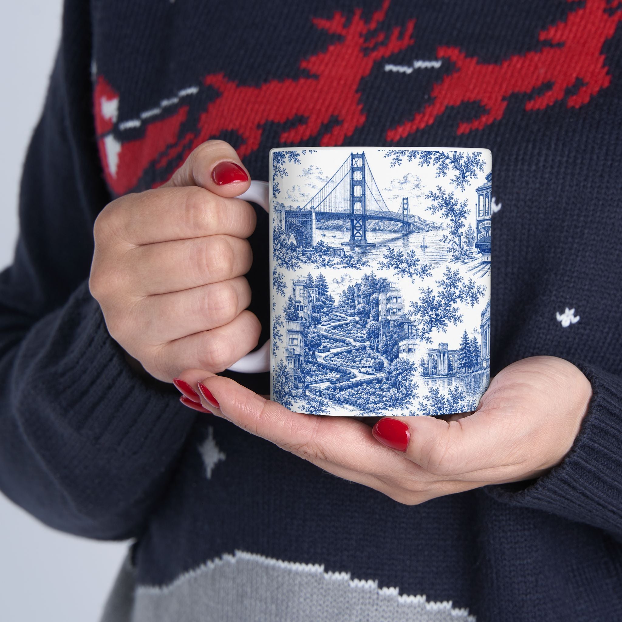 San Francisco Blue Toile de Jouy Ceramic Mug — Vintage Cable Car & Palace of Fine Arts Design (11oz)