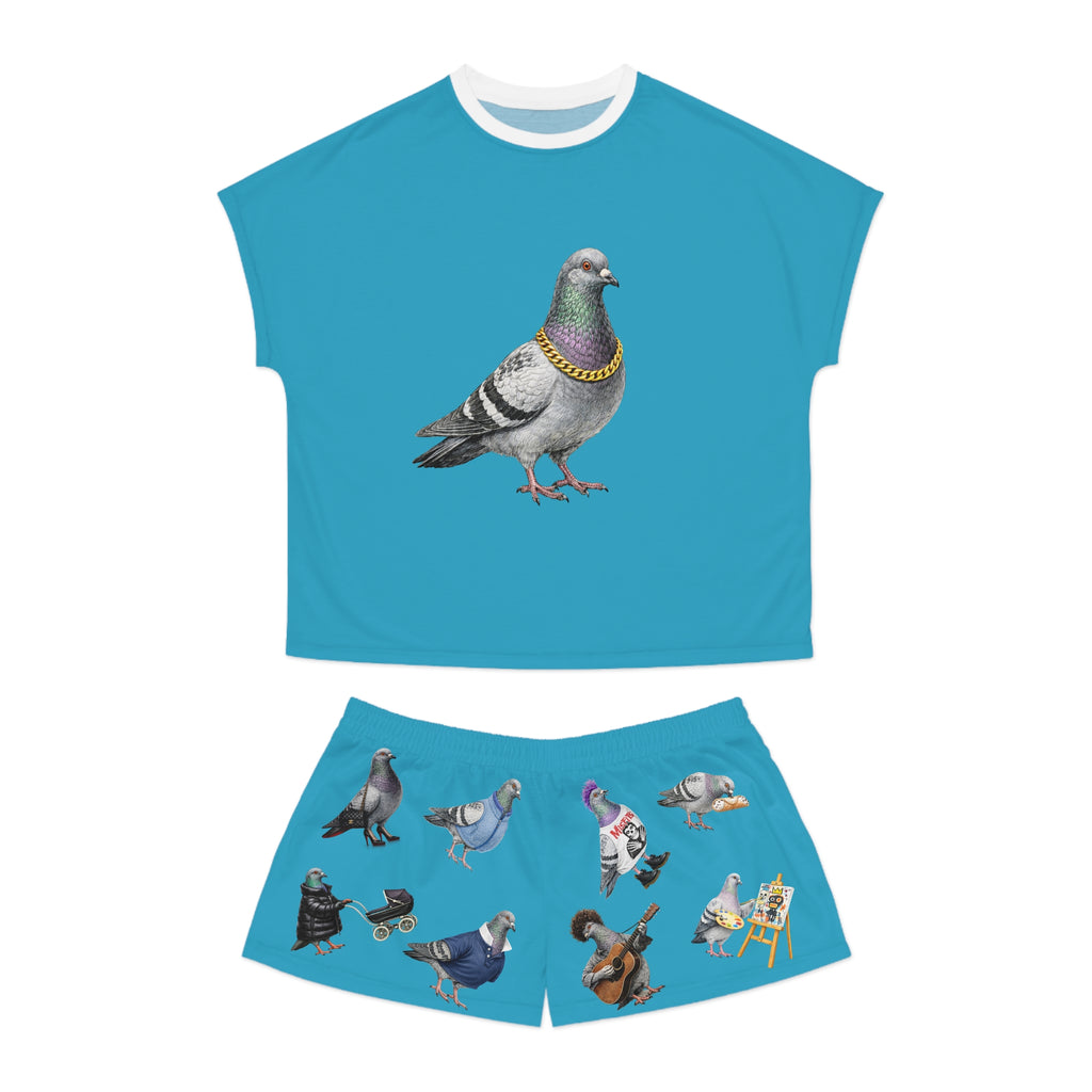 Blue NYC Pigeon Pattern Short Pajama Set | New York City Bird Lovers PJs Cozy Sleepwear