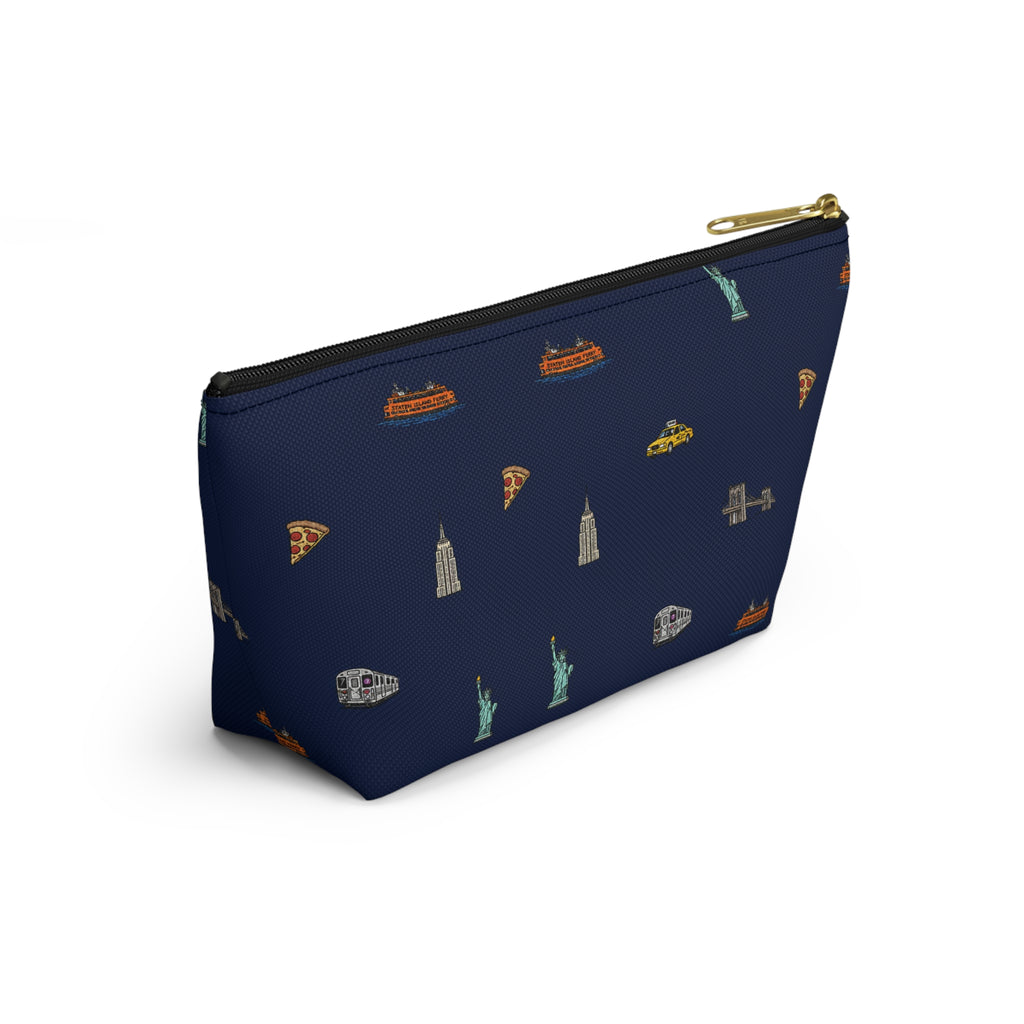 Icons of New York City Navy Blue Accessory Pouch — T-Bottom Makeup Bag with Statue of Liberty, Taxi & Pizza Pattern