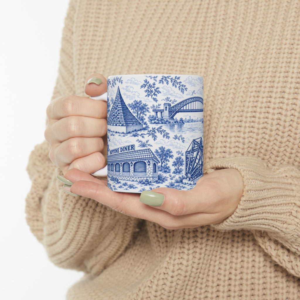 Astoria Blue Toile Cityscape Ceramic Mug — 11oz Decorative Coffee Cup