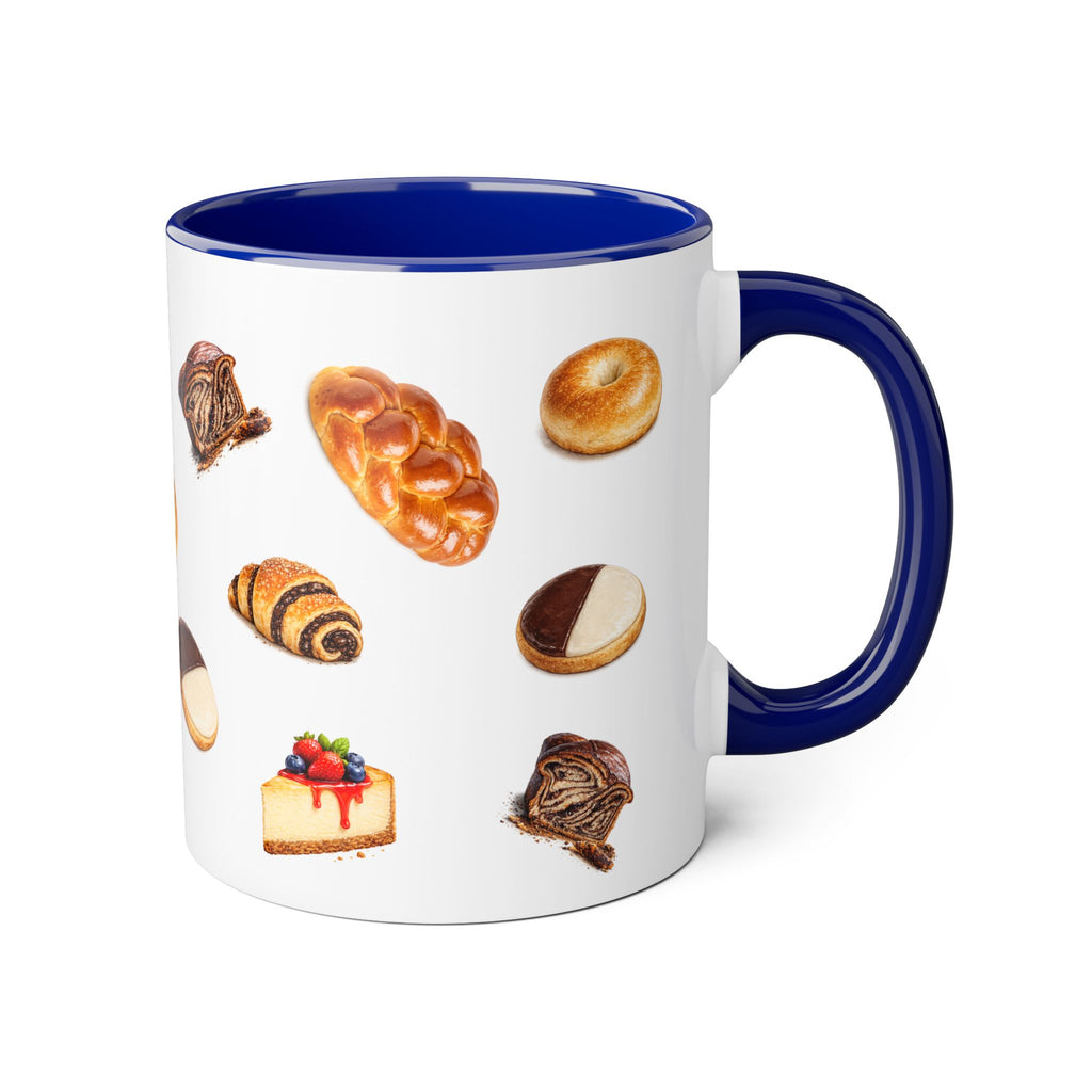 NYC Kosher Bakery Pattern Mug | Babka Cheesecake Rugelach Black + White Cookie Challah Bagel 11oz Ceramic Coffee Cup