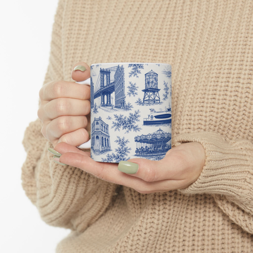 DUMBO Blue Toile de Jouy Mug | NYC Chinoiserie Ceramic Coffee Cup