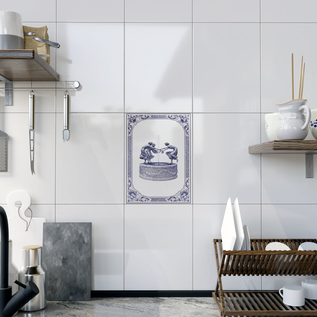 Central Park Untermeyer Fountain Blue and White Azulejos-style Ceramic Shower Tile 6" x 8"