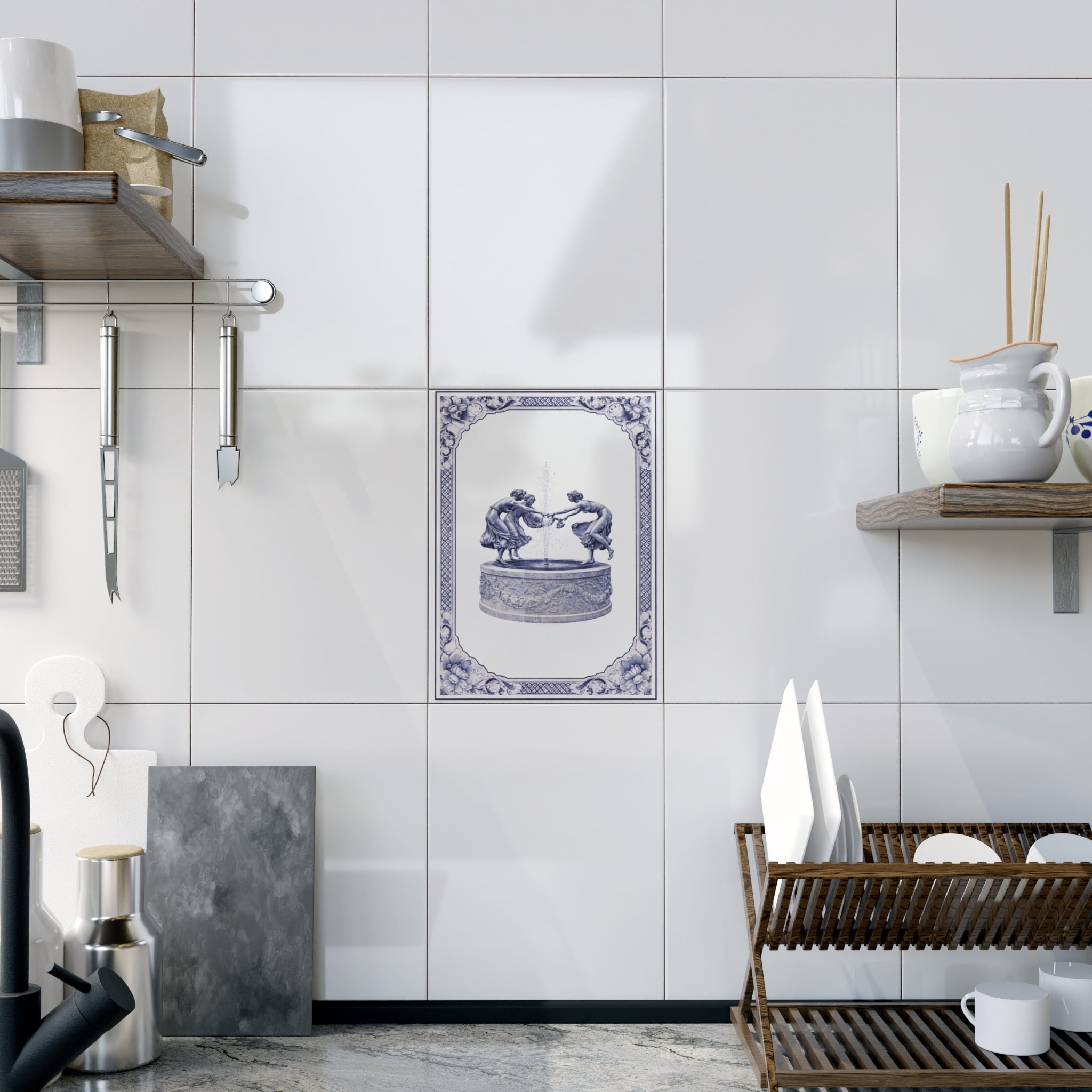 Central Park Untermeyer Fountain Blue and White Azulejos-style Ceramic Shower Tile 6" x 8"