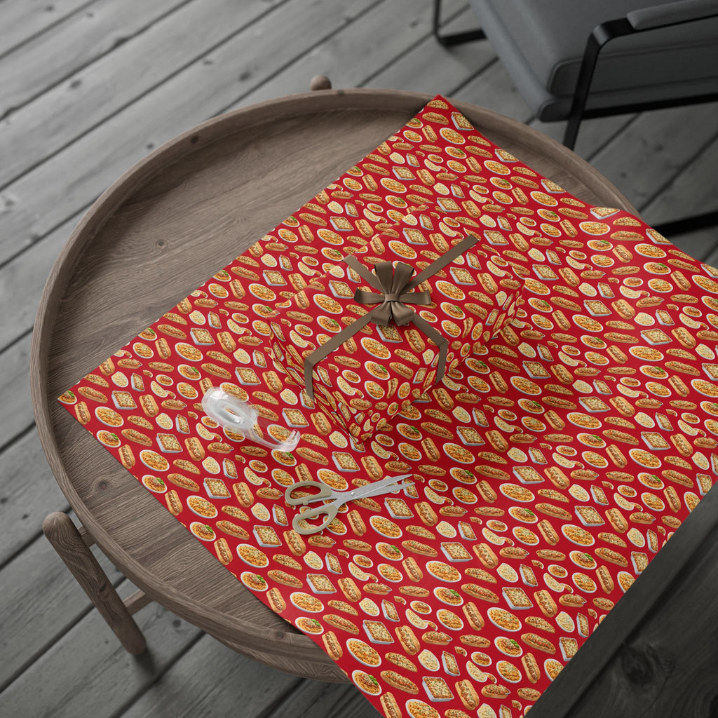 Italian Food Pattern Red Gift Wrap Paper | Pasta Spaghetti Rigatoni Meatball Sub Wrapping Paper Roll, Foodie Party Wrap