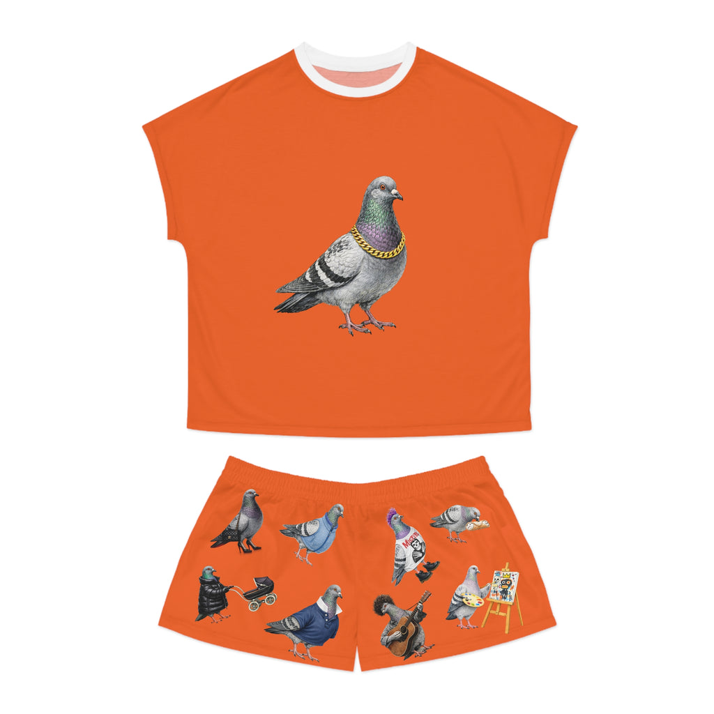 Orange NYC Pigeon Pattern Short Pajama Set | New York City Bird Lovers PJs Cozy Sleepwear